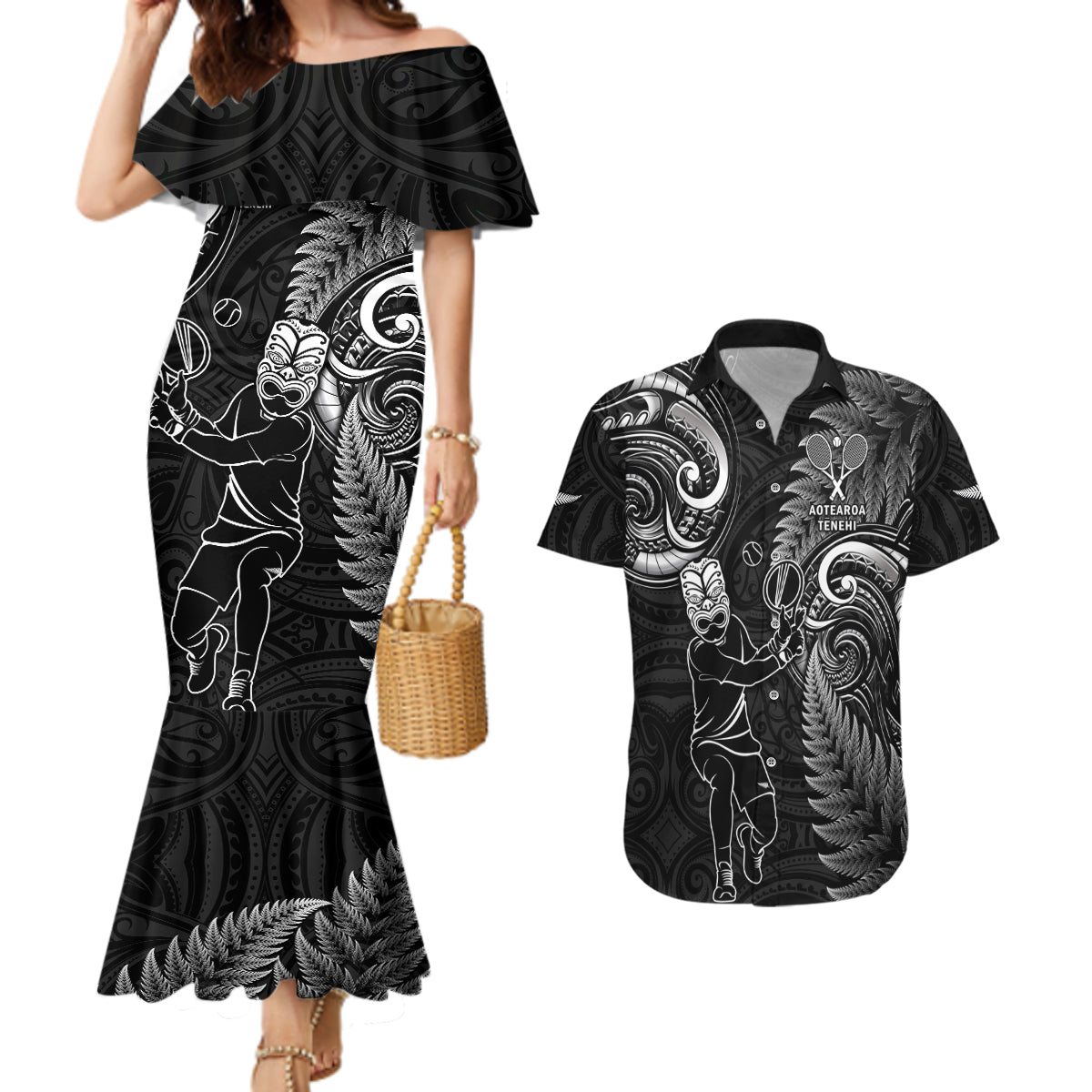 New Zealand Tiki Tennis Couples Matching Mermaid Dress and Hawaiian Shirt 2024 Aotearoa Tenehi Maori Silver Fern - Black