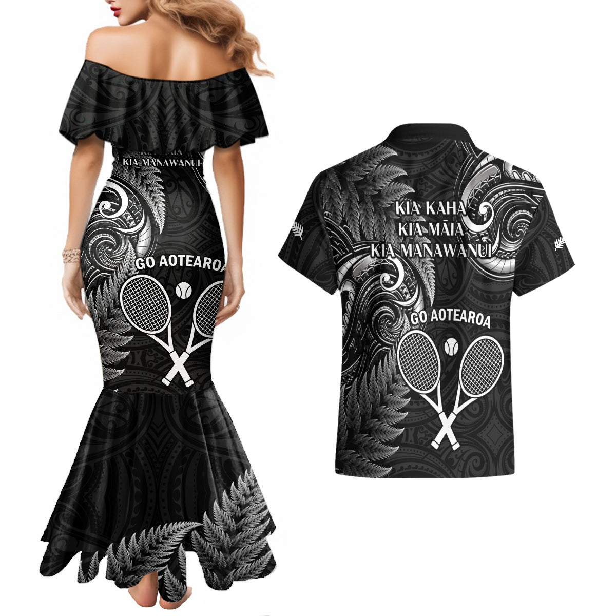 New Zealand Tiki Tennis Couples Matching Mermaid Dress and Hawaiian Shirt 2024 Aotearoa Tenehi Maori Silver Fern - Black