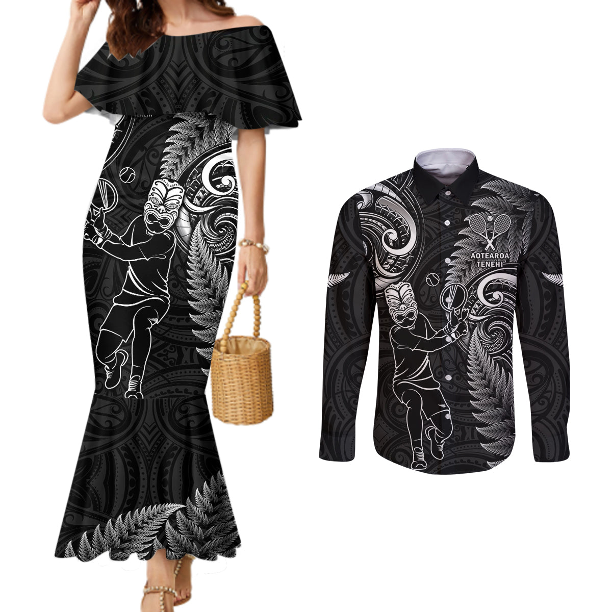 New Zealand Tiki Tennis Couples Matching Mermaid Dress and Long Sleeve Button Shirt 2024 Aotearoa Tenehi Maori Silver Fern - Black