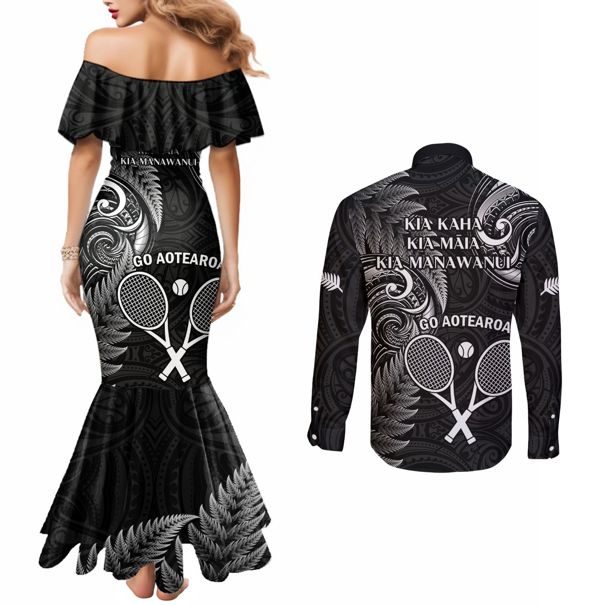 New Zealand Tiki Tennis Couples Matching Mermaid Dress and Long Sleeve Button Shirt 2024 Aotearoa Tenehi Maori Silver Fern - Black