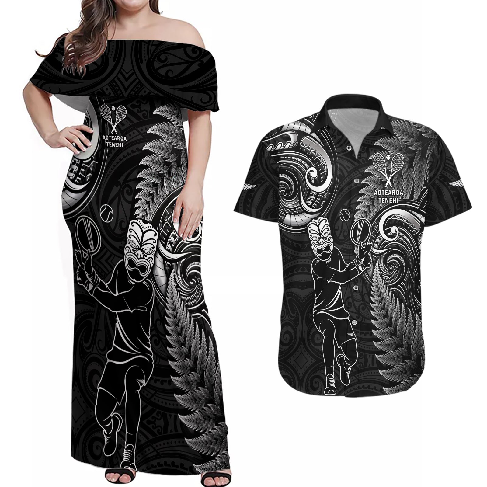 New Zealand Tiki Tennis Couples Matching Off Shoulder Maxi Dress and Hawaiian Shirt 2024 Aotearoa Tenehi Maori Silver Fern - Black