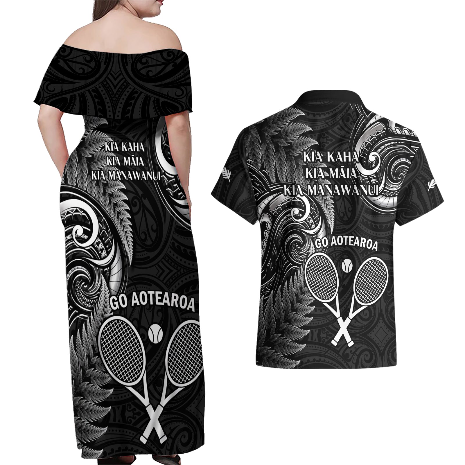 New Zealand Tiki Tennis Couples Matching Off Shoulder Maxi Dress and Hawaiian Shirt 2024 Aotearoa Tenehi Maori Silver Fern - Black