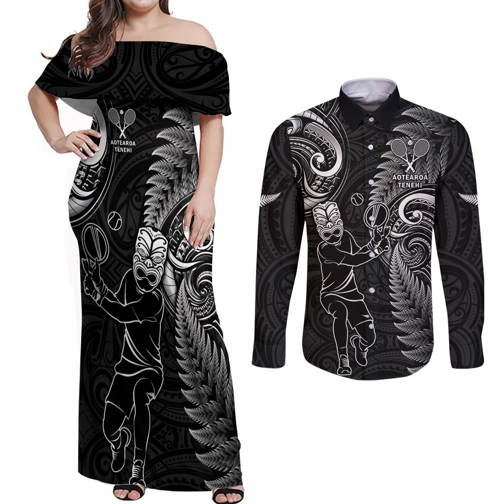 New Zealand Tiki Tennis Couples Matching Off Shoulder Maxi Dress and Long Sleeve Button Shirt 2024 Aotearoa Tenehi Maori Silver Fern - Black