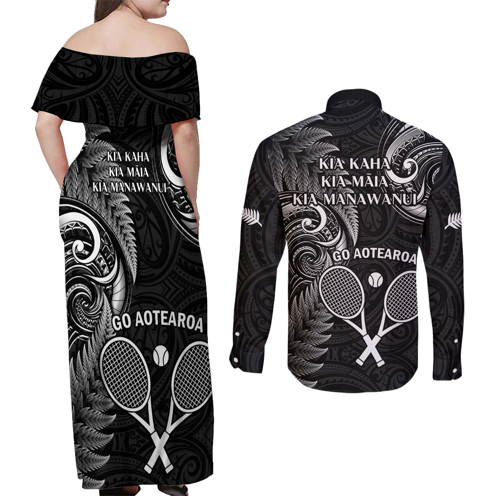 New Zealand Tiki Tennis Couples Matching Off Shoulder Maxi Dress and Long Sleeve Button Shirt 2024 Aotearoa Tenehi Maori Silver Fern - Black