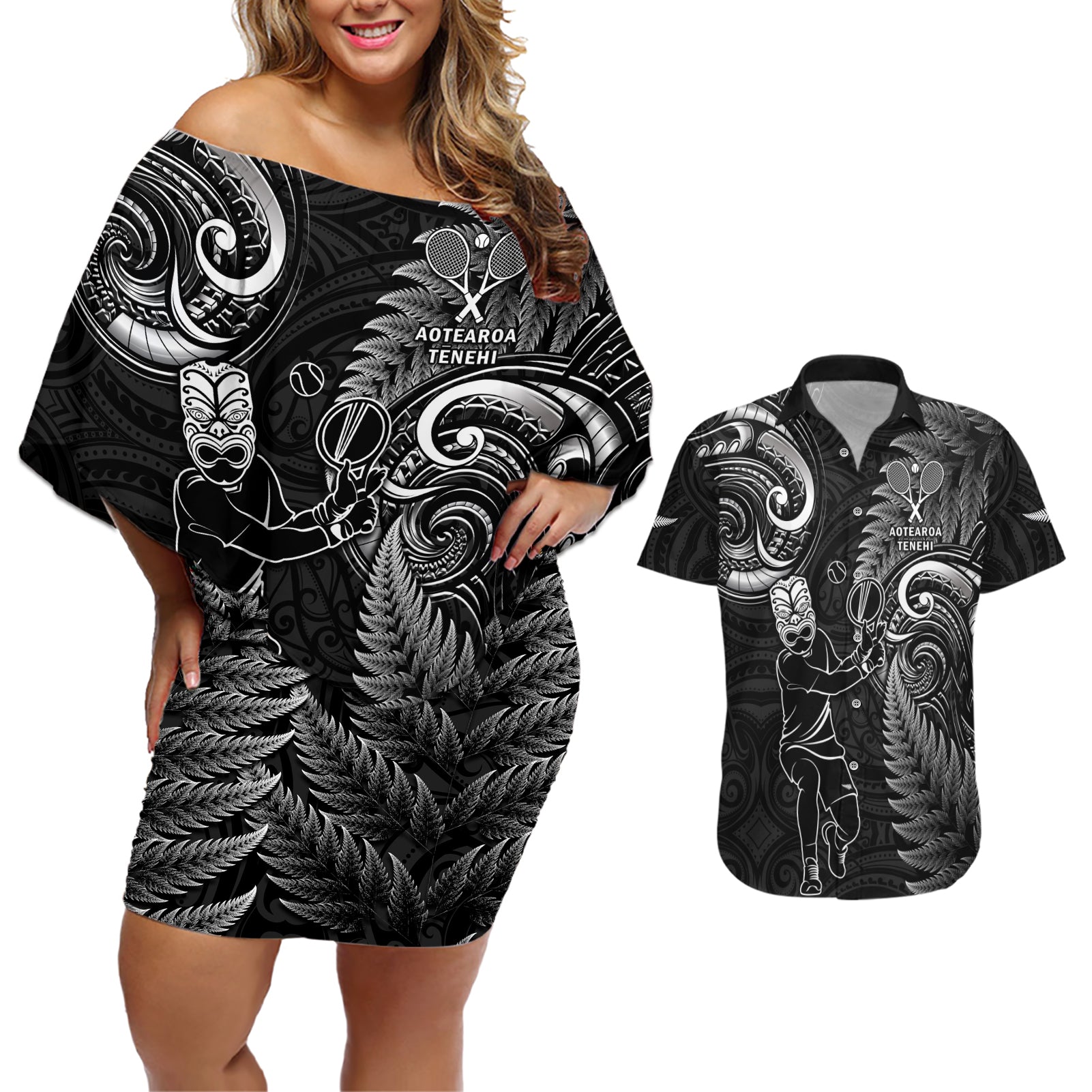 New Zealand Tiki Tennis Couples Matching Off Shoulder Short Dress and Hawaiian Shirt 2024 Aotearoa Tenehi Maori Silver Fern - Black