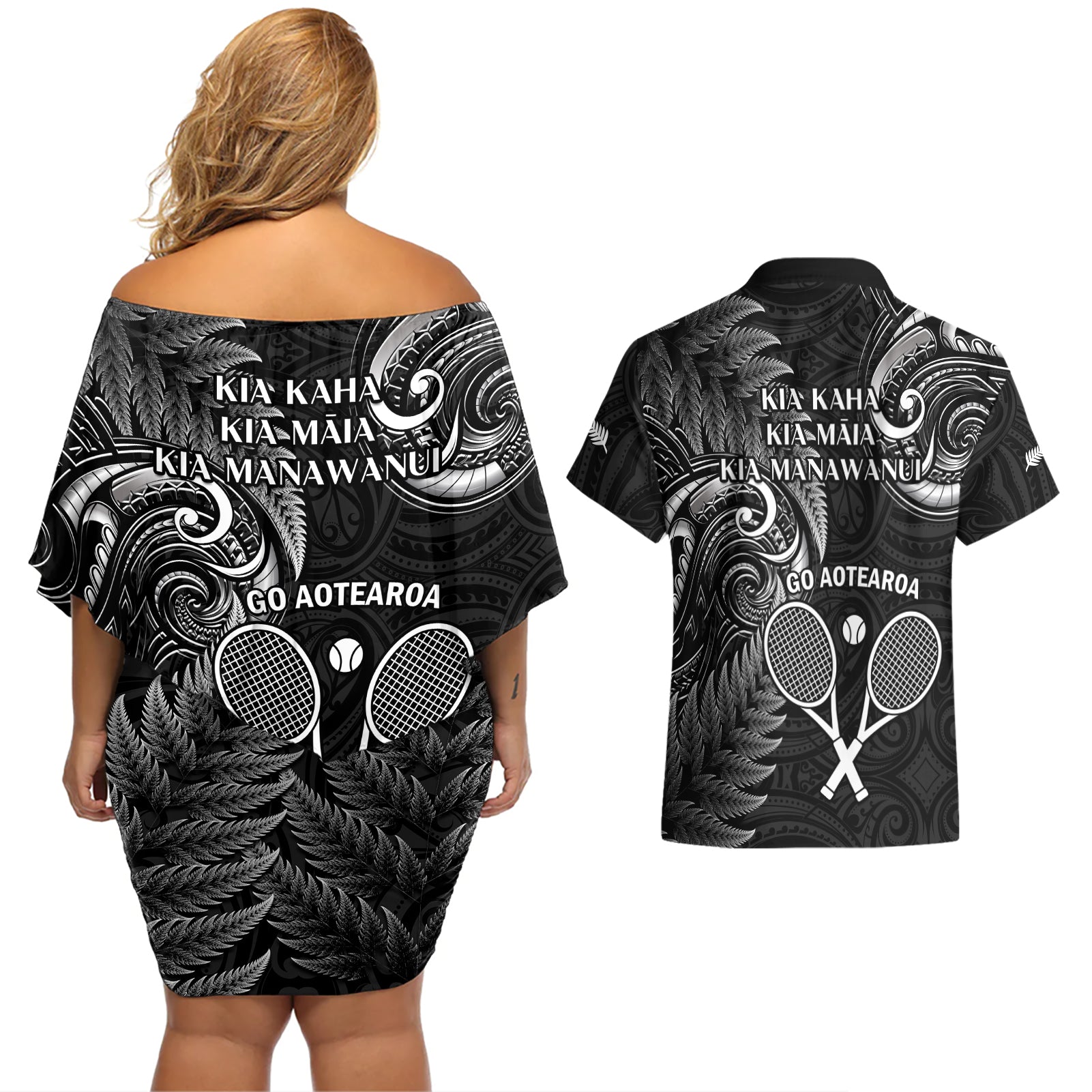 New Zealand Tiki Tennis Couples Matching Off Shoulder Short Dress and Hawaiian Shirt 2024 Aotearoa Tenehi Maori Silver Fern - Black