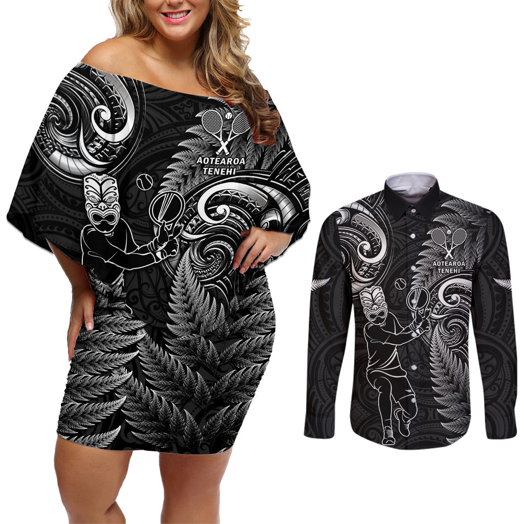 New Zealand Tiki Tennis Couples Matching Off Shoulder Short Dress and Long Sleeve Button Shirt 2024 Aotearoa Tenehi Maori Silver Fern - Black