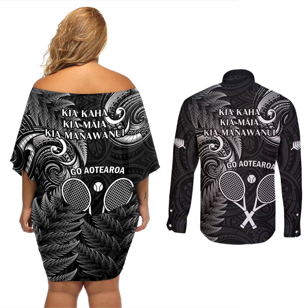 New Zealand Tiki Tennis Couples Matching Off Shoulder Short Dress and Long Sleeve Button Shirt 2024 Aotearoa Tenehi Maori Silver Fern - Black