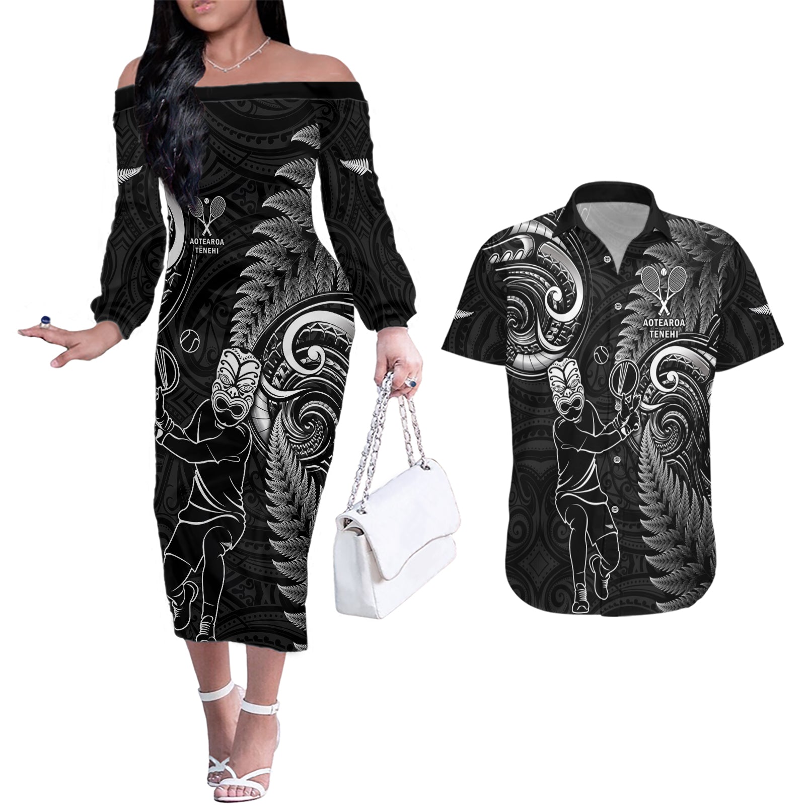 New Zealand Tiki Tennis Couples Matching Off The Shoulder Long Sleeve Dress and Hawaiian Shirt 2024 Aotearoa Tenehi Maori Silver Fern - Black