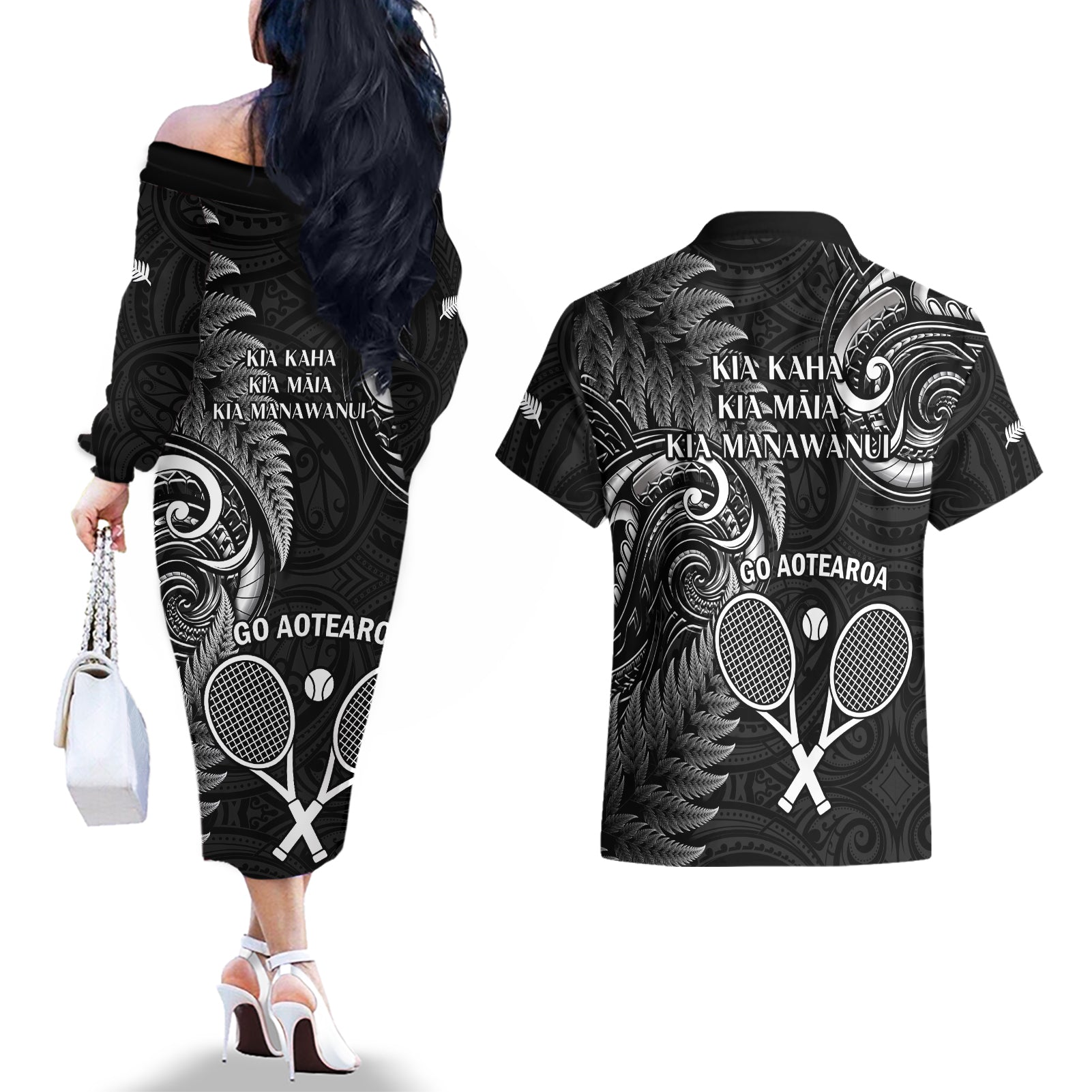 New Zealand Tiki Tennis Couples Matching Off The Shoulder Long Sleeve Dress and Hawaiian Shirt 2024 Aotearoa Tenehi Maori Silver Fern - Black