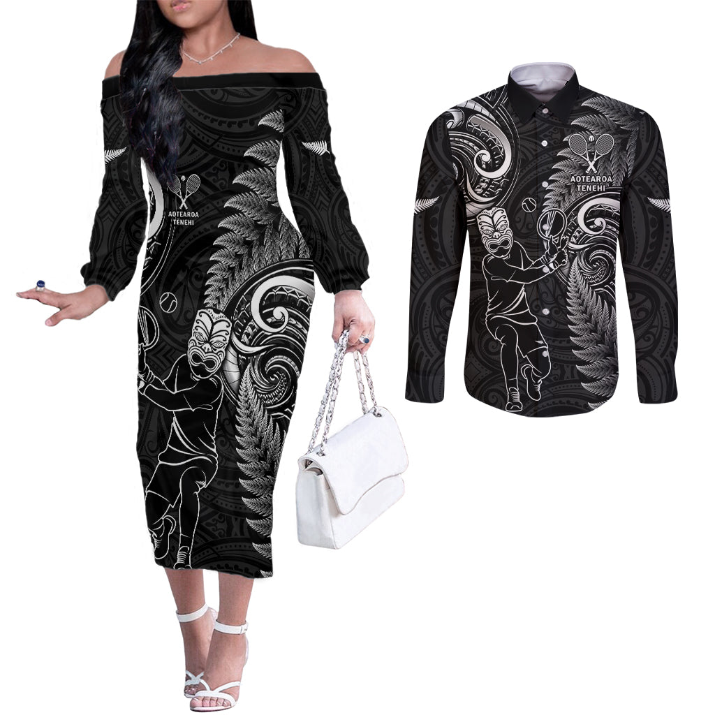 New Zealand Tiki Tennis Couples Matching Off The Shoulder Long Sleeve Dress and Long Sleeve Button Shirt 2024 Aotearoa Tenehi Maori Silver Fern - Black