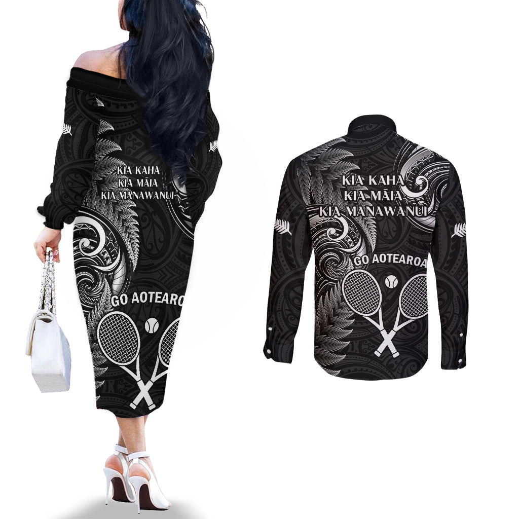 New Zealand Tiki Tennis Couples Matching Off The Shoulder Long Sleeve Dress and Long Sleeve Button Shirt 2024 Aotearoa Tenehi Maori Silver Fern - Black