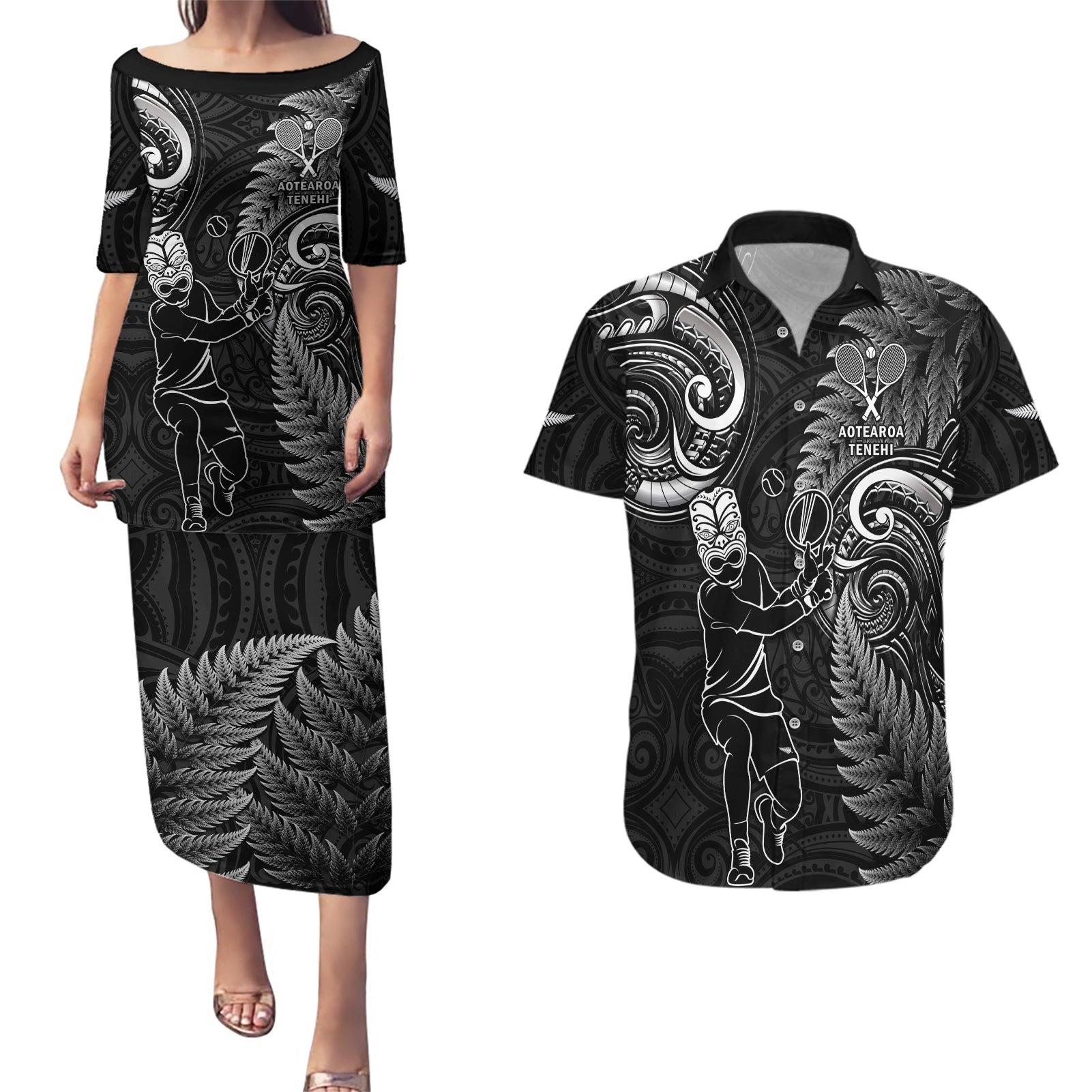 New Zealand Tiki Tennis Couples Matching Puletasi and Hawaiian Shirt 2024 Aotearoa Tenehi Maori Silver Fern - Black