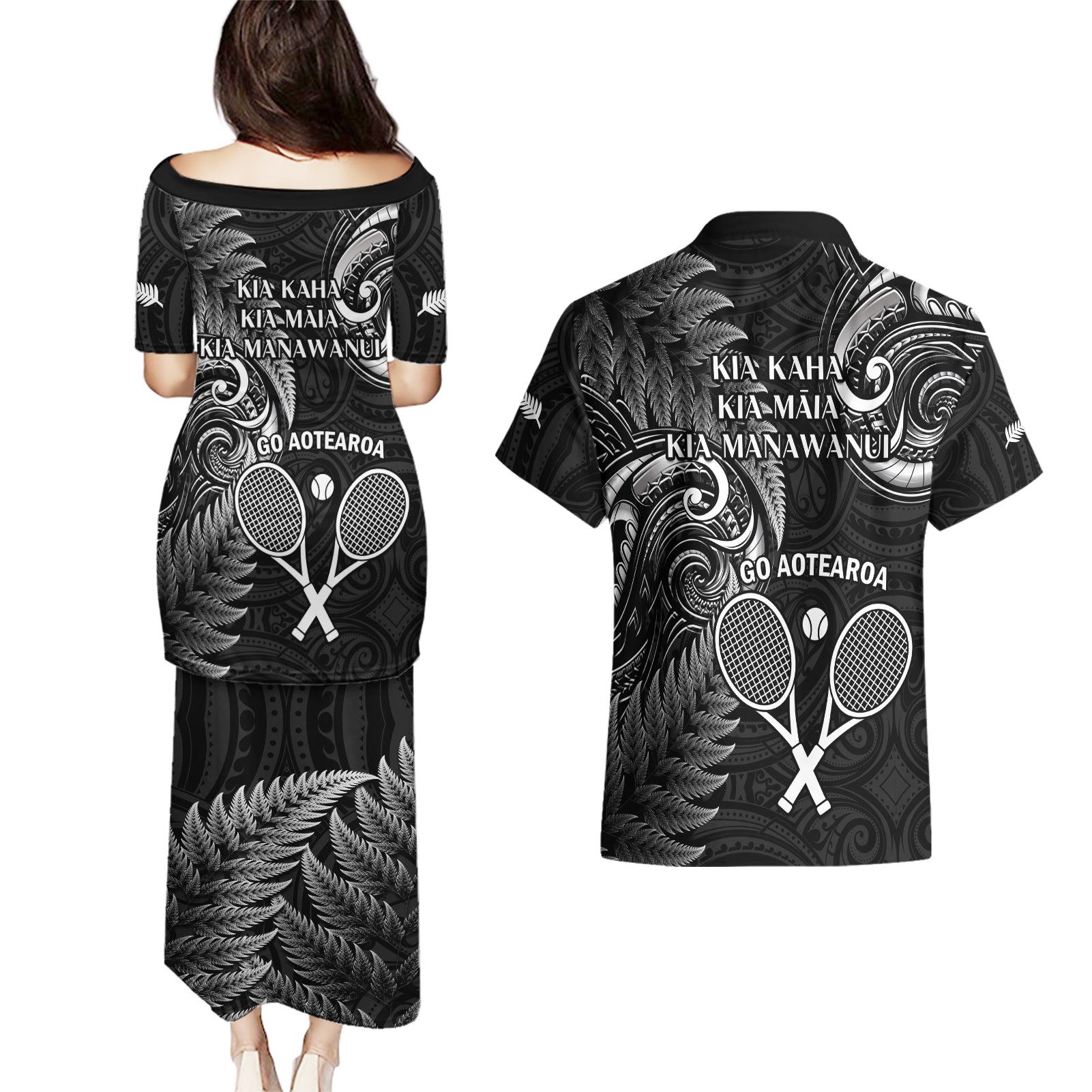 New Zealand Tiki Tennis Couples Matching Puletasi and Hawaiian Shirt 2024 Aotearoa Tenehi Maori Silver Fern - Black