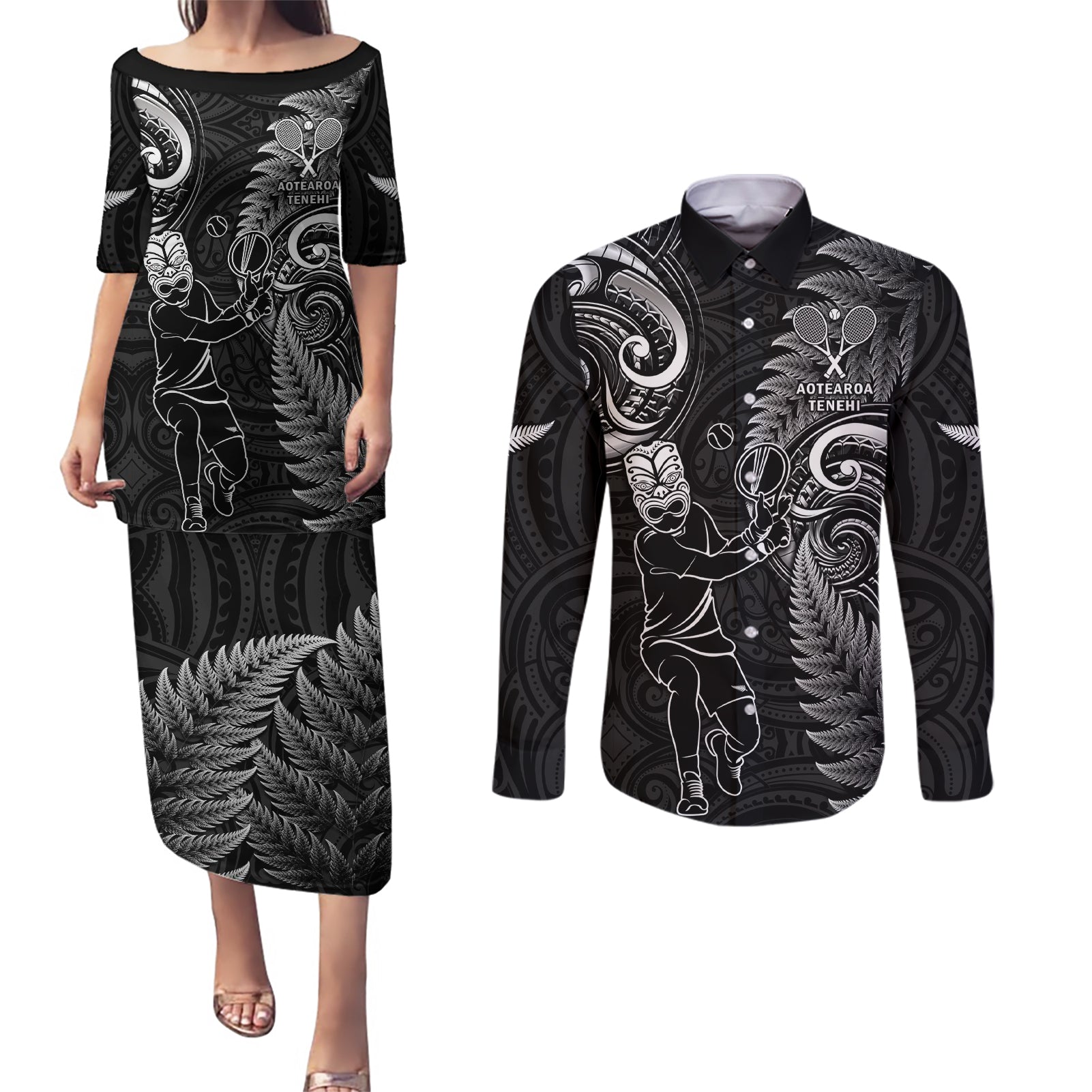 New Zealand Tiki Tennis Couples Matching Puletasi and Long Sleeve Button Shirt 2024 Aotearoa Tenehi Maori Silver Fern - Black