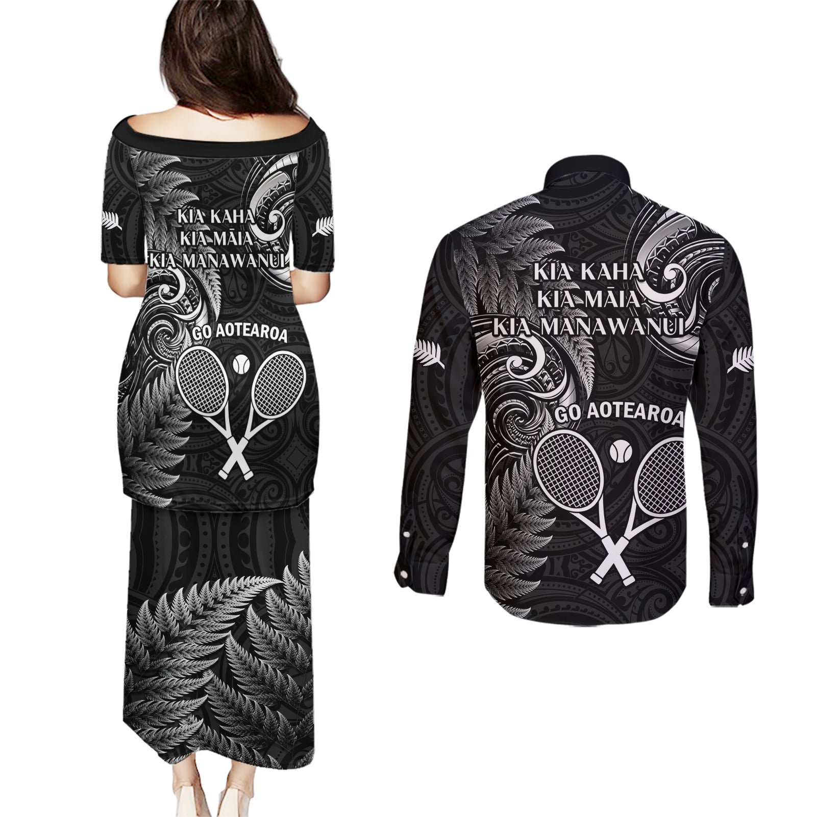 New Zealand Tiki Tennis Couples Matching Puletasi and Long Sleeve Button Shirt 2024 Aotearoa Tenehi Maori Silver Fern - Black