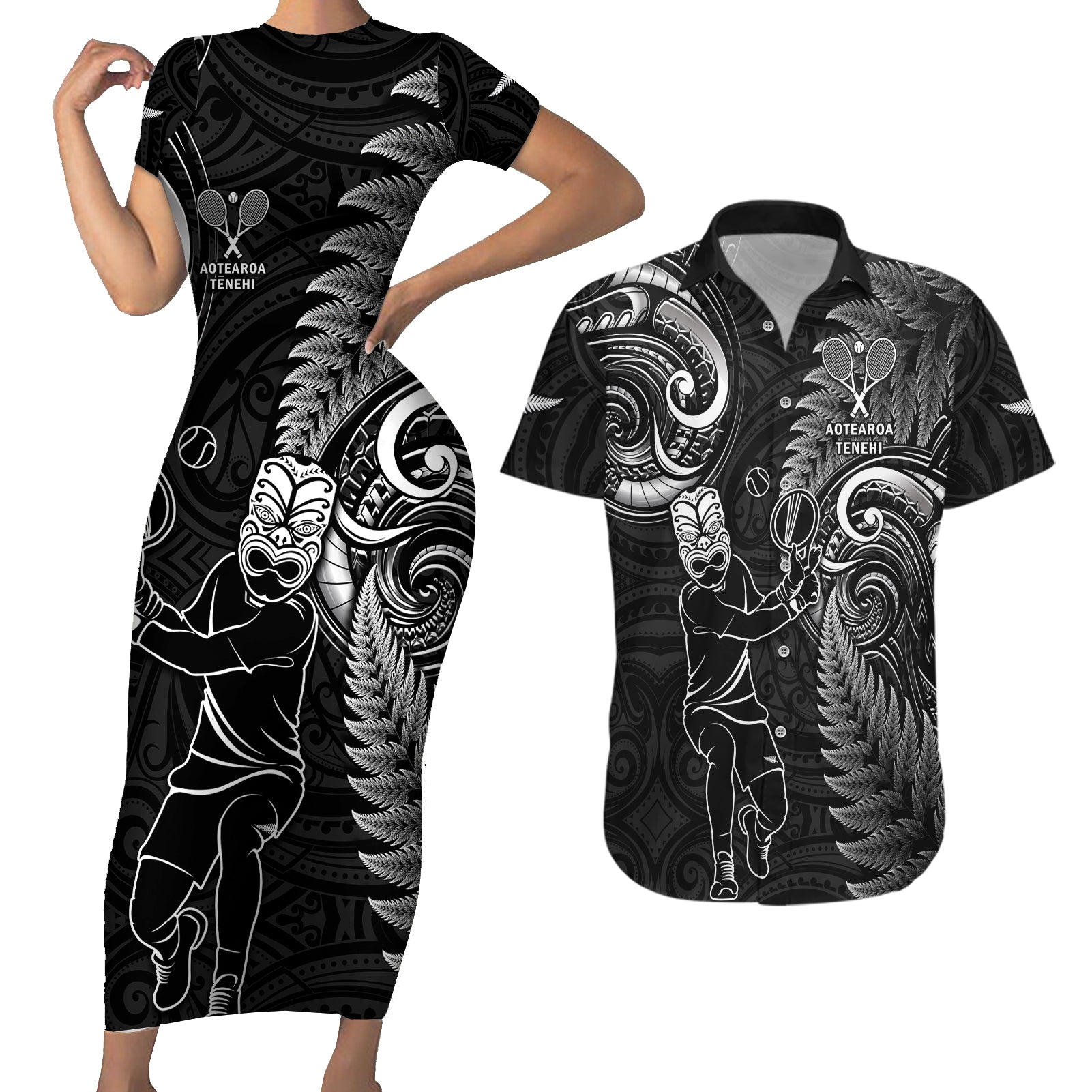 New Zealand Tiki Tennis Couples Matching Short Sleeve Bodycon Dress and Hawaiian Shirt 2024 Aotearoa Tenehi Maori Silver Fern - Black