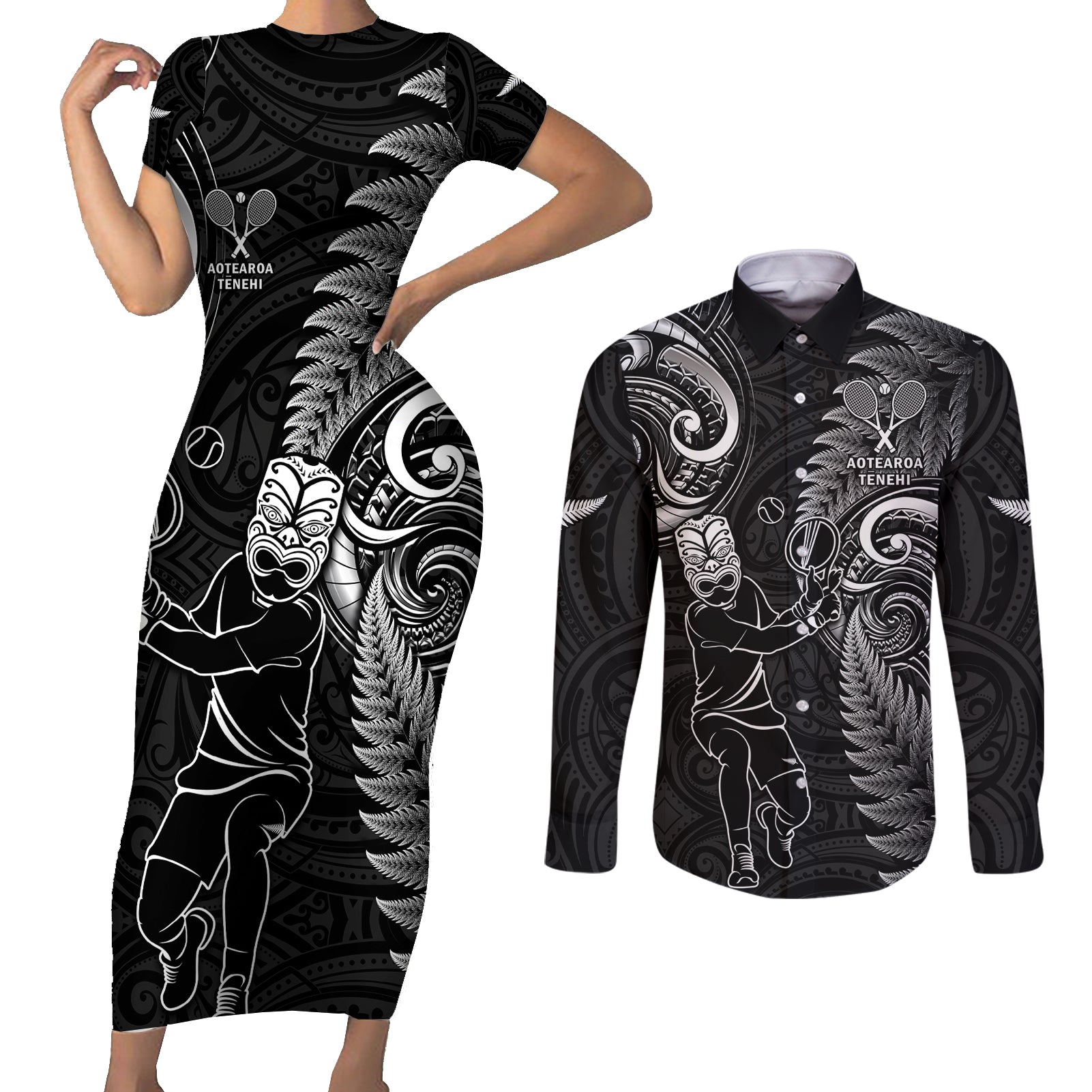 New Zealand Tiki Tennis Couples Matching Short Sleeve Bodycon Dress and Long Sleeve Button Shirt 2024 Aotearoa Tenehi Maori Silver Fern - Black