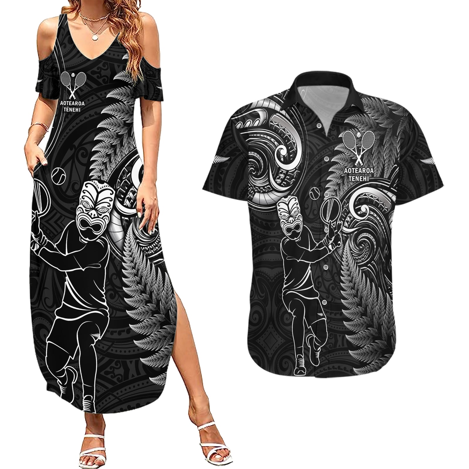 New Zealand Tiki Tennis Couples Matching Summer Maxi Dress and Hawaiian Shirt 2024 Aotearoa Tenehi Maori Silver Fern - Black