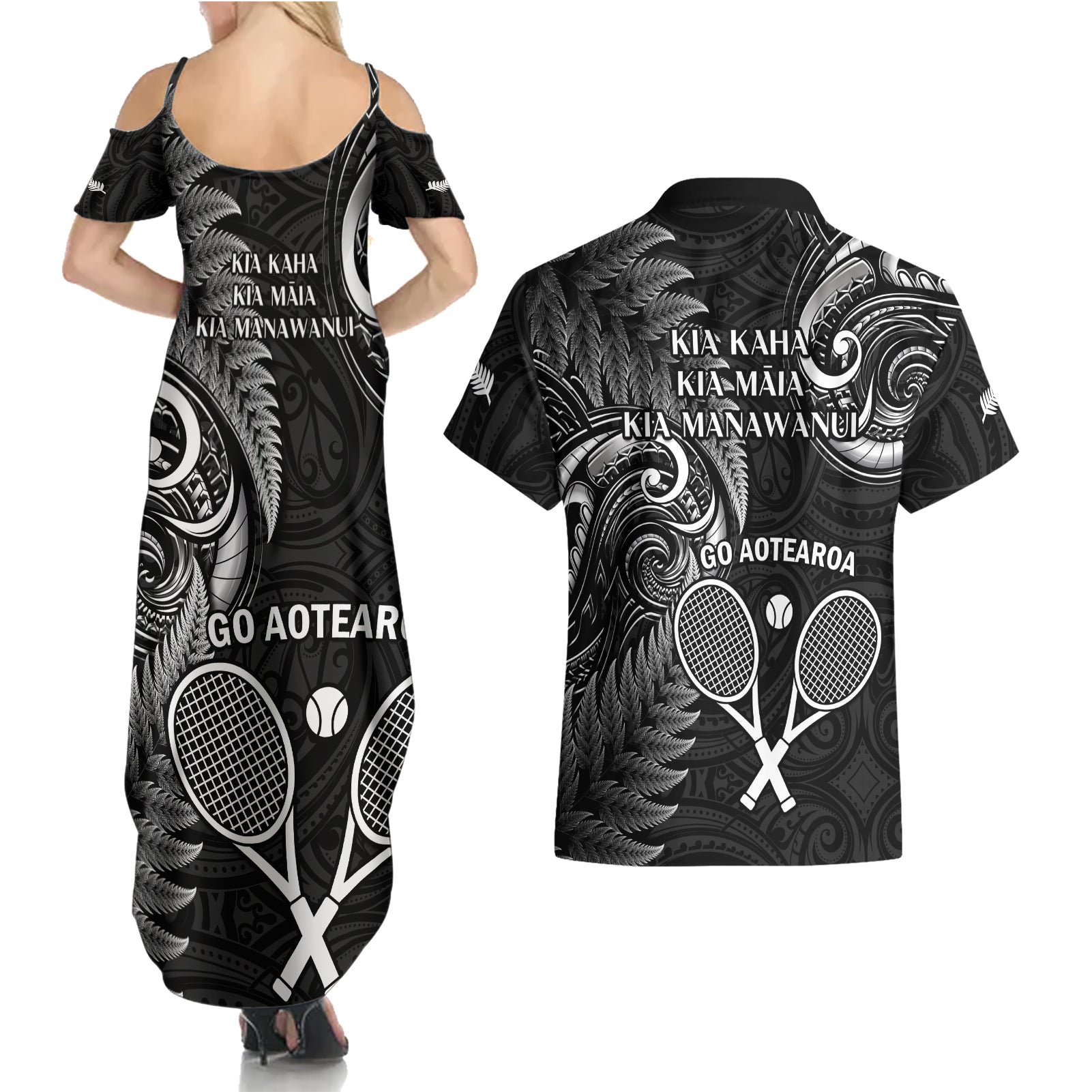 New Zealand Tiki Tennis Couples Matching Summer Maxi Dress and Hawaiian Shirt 2024 Aotearoa Tenehi Maori Silver Fern - Black