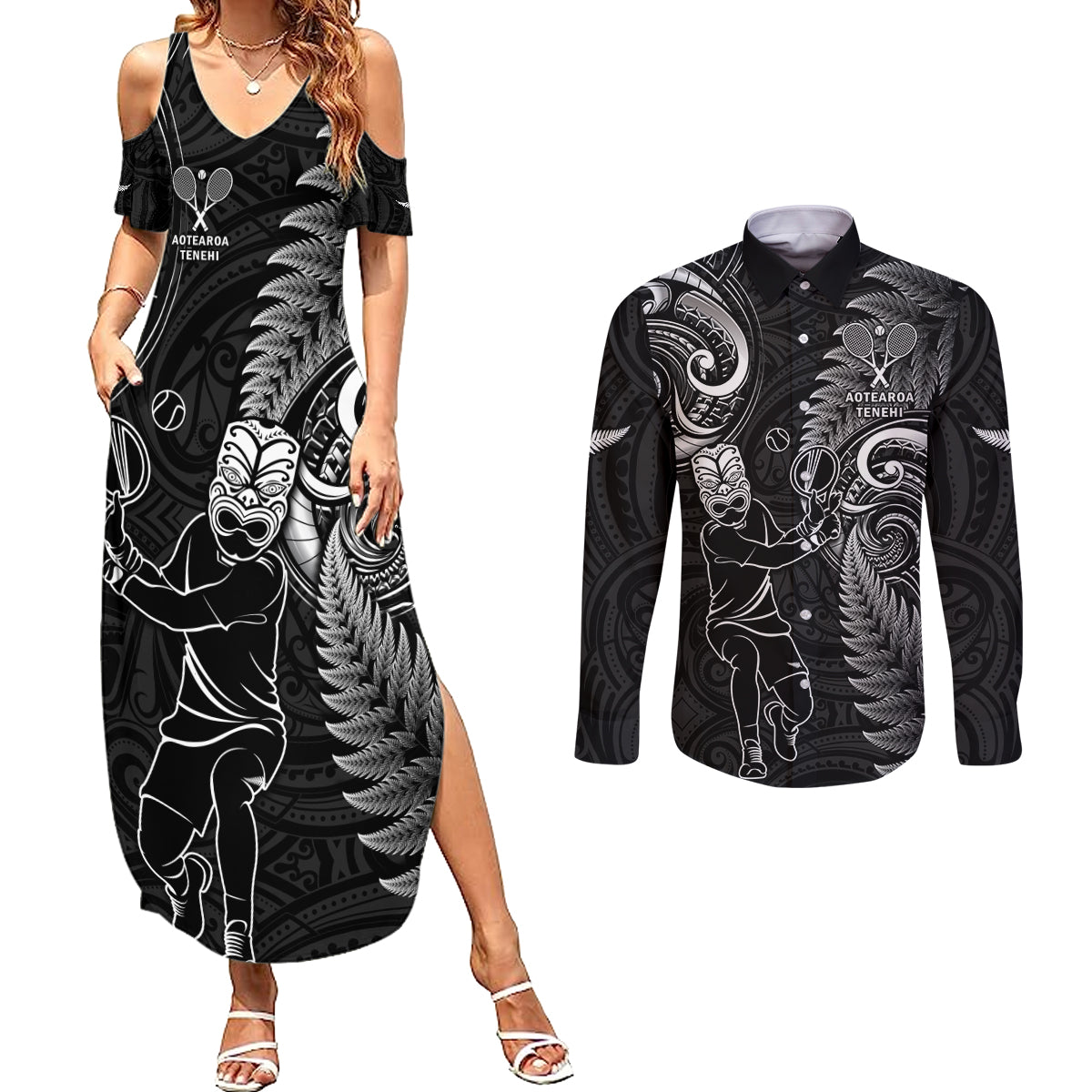 New Zealand Tiki Tennis Couples Matching Summer Maxi Dress and Long Sleeve Button Shirt 2024 Aotearoa Tenehi Maori Silver Fern - Black