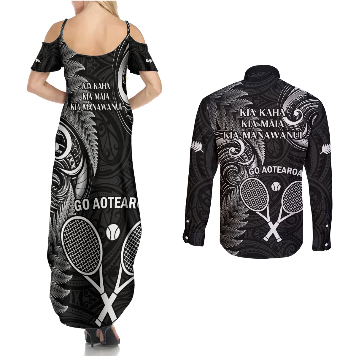 New Zealand Tiki Tennis Couples Matching Summer Maxi Dress and Long Sleeve Button Shirt 2024 Aotearoa Tenehi Maori Silver Fern - Black