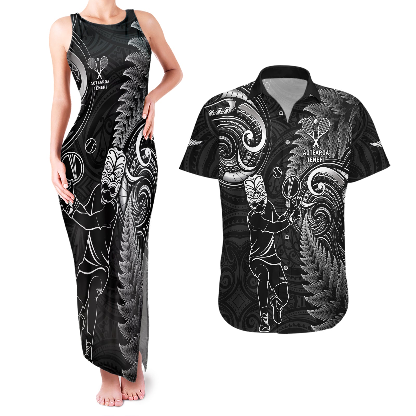 New Zealand Tiki Tennis Couples Matching Tank Maxi Dress and Hawaiian Shirt 2024 Aotearoa Tenehi Maori Silver Fern - Black