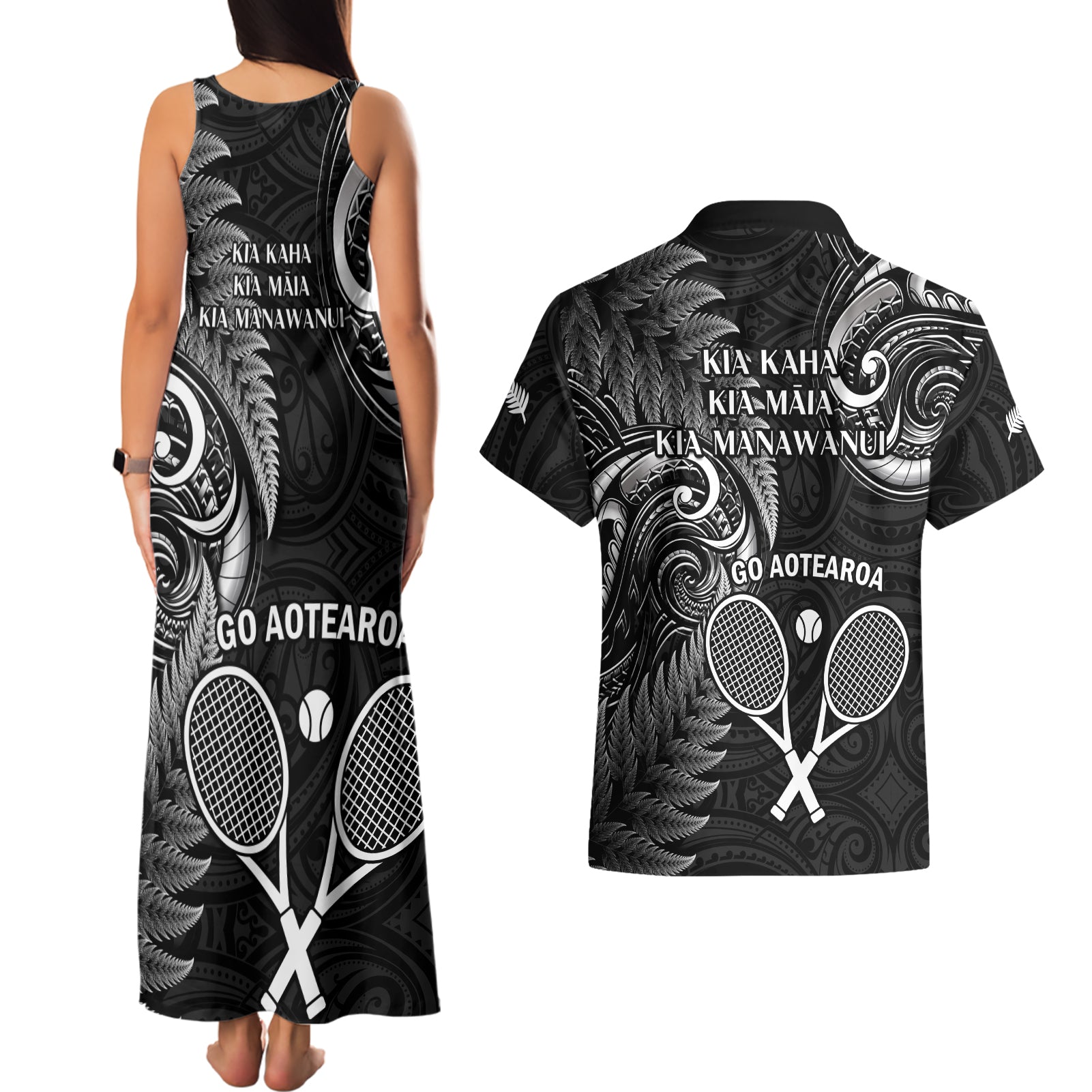 New Zealand Tiki Tennis Couples Matching Tank Maxi Dress and Hawaiian Shirt 2024 Aotearoa Tenehi Maori Silver Fern - Black