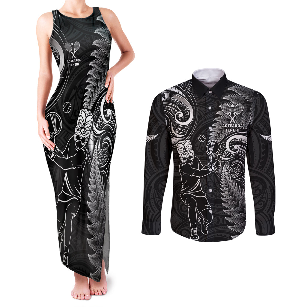 New Zealand Tiki Tennis Couples Matching Tank Maxi Dress and Long Sleeve Button Shirt 2024 Aotearoa Tenehi Maori Silver Fern - Black