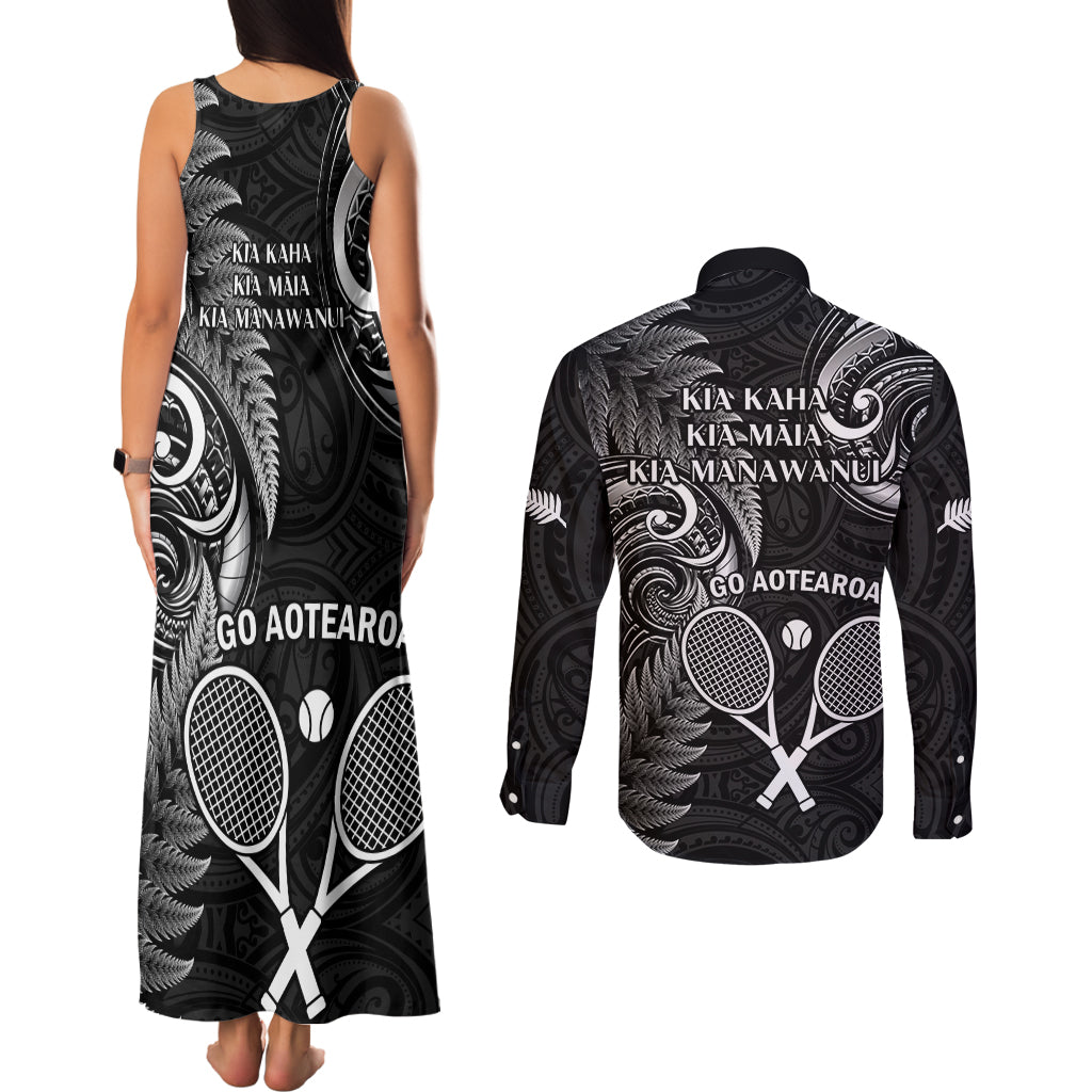 New Zealand Tiki Tennis Couples Matching Tank Maxi Dress and Long Sleeve Button Shirt 2024 Aotearoa Tenehi Maori Silver Fern - Black