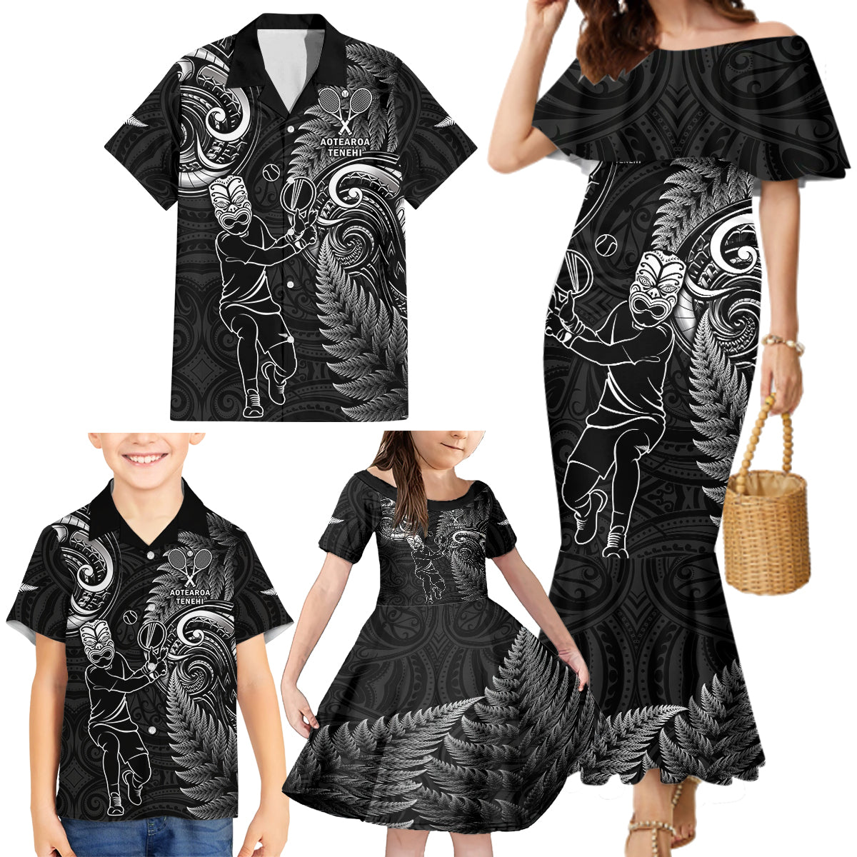 New Zealand Tiki Tennis Family Matching Mermaid Dress and Hawaiian Shirt 2024 Aotearoa Tenehi Maori Silver Fern - Black