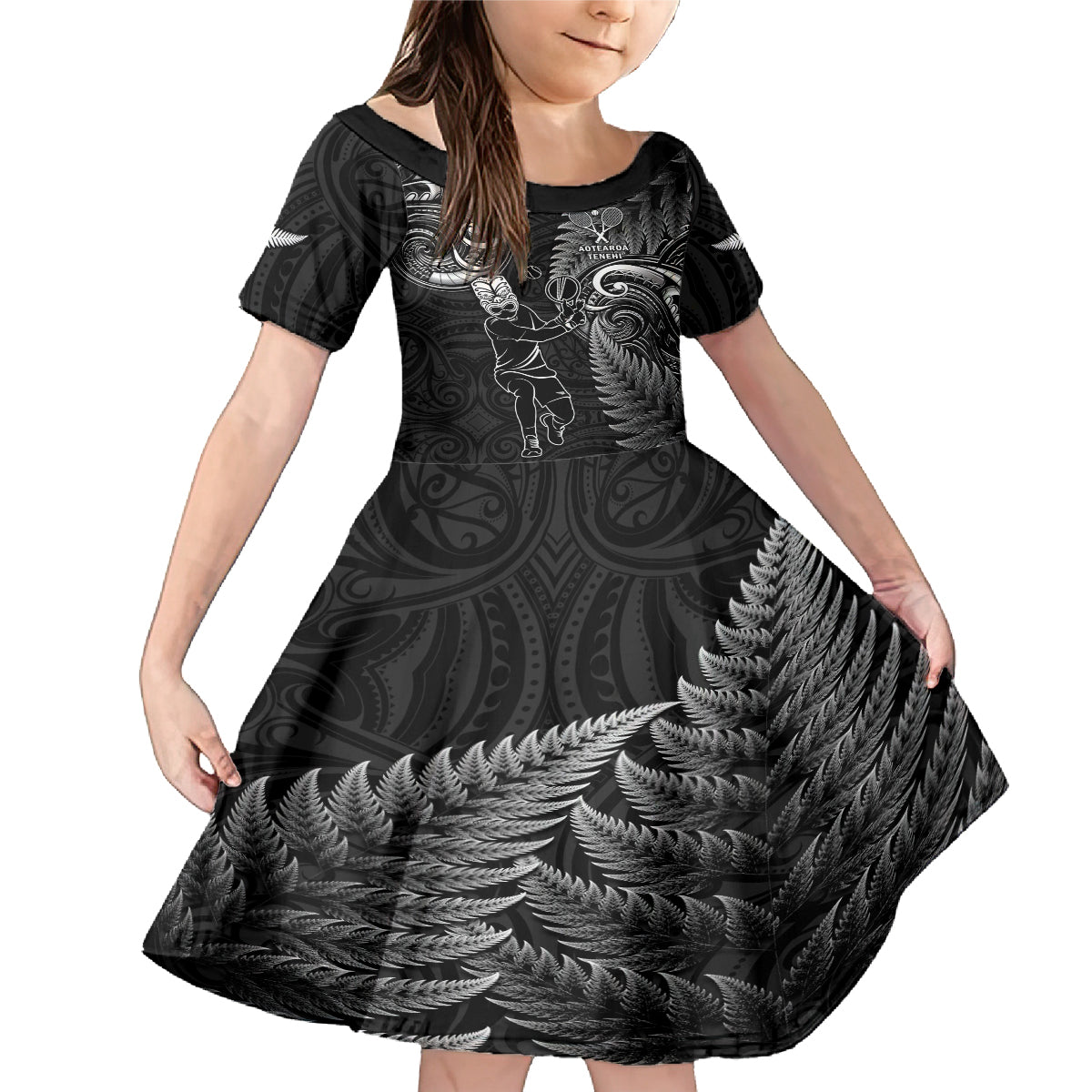 New Zealand Tiki Tennis Family Matching Mermaid Dress and Hawaiian Shirt 2024 Aotearoa Tenehi Maori Silver Fern - Black