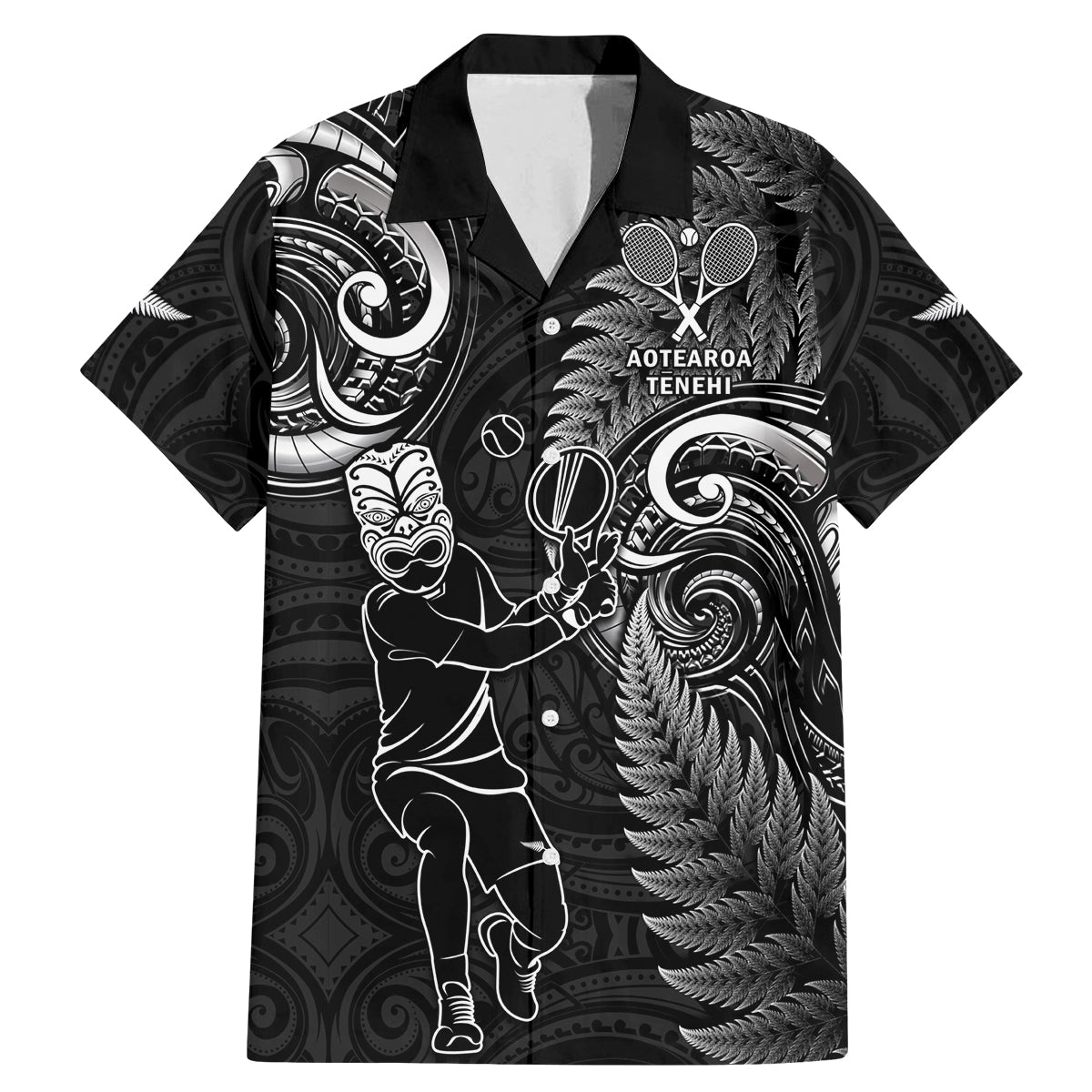 New Zealand Tiki Tennis Family Matching Mermaid Dress and Hawaiian Shirt 2024 Aotearoa Tenehi Maori Silver Fern - Black