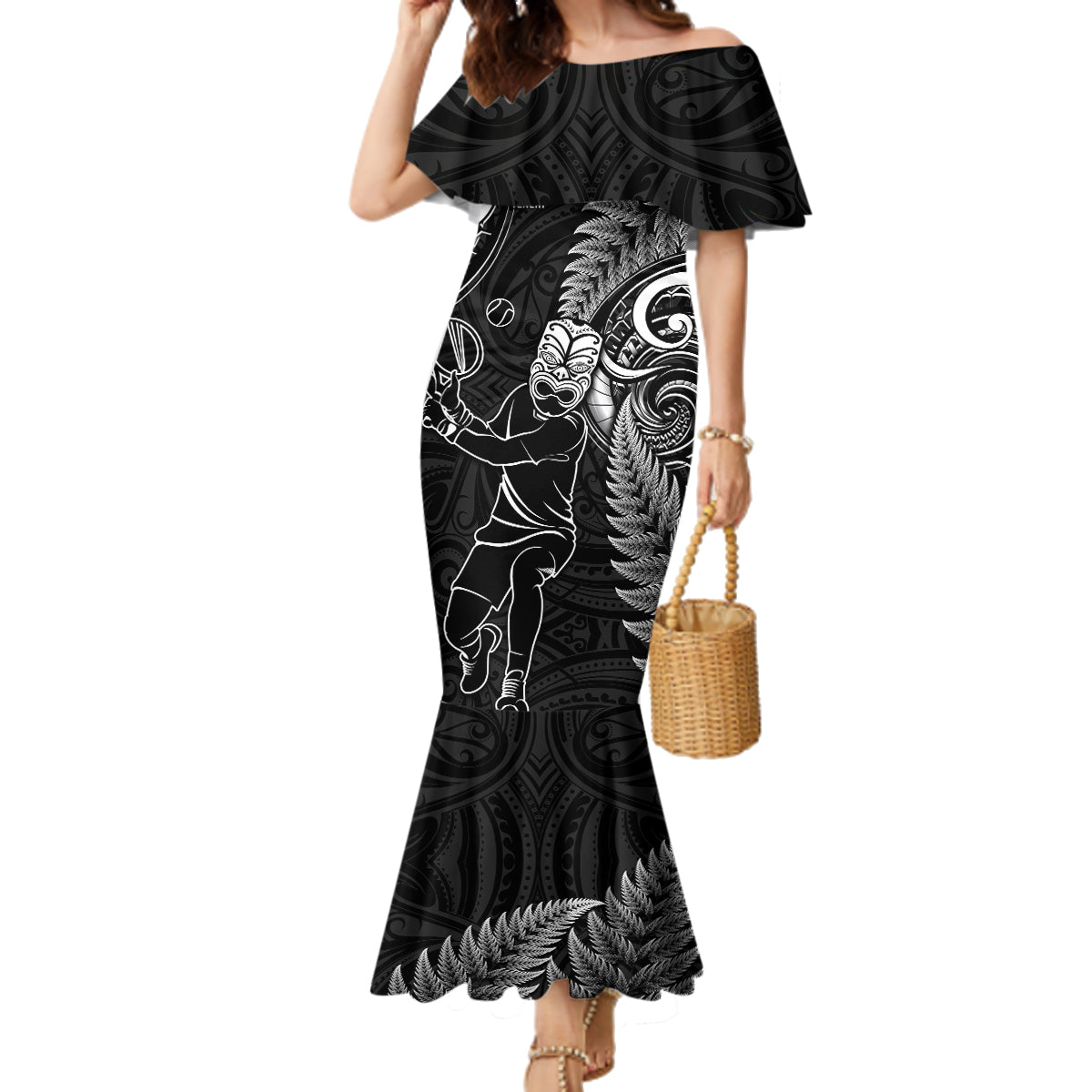 New Zealand Tiki Tennis Family Matching Mermaid Dress and Hawaiian Shirt 2024 Aotearoa Tenehi Maori Silver Fern - Black