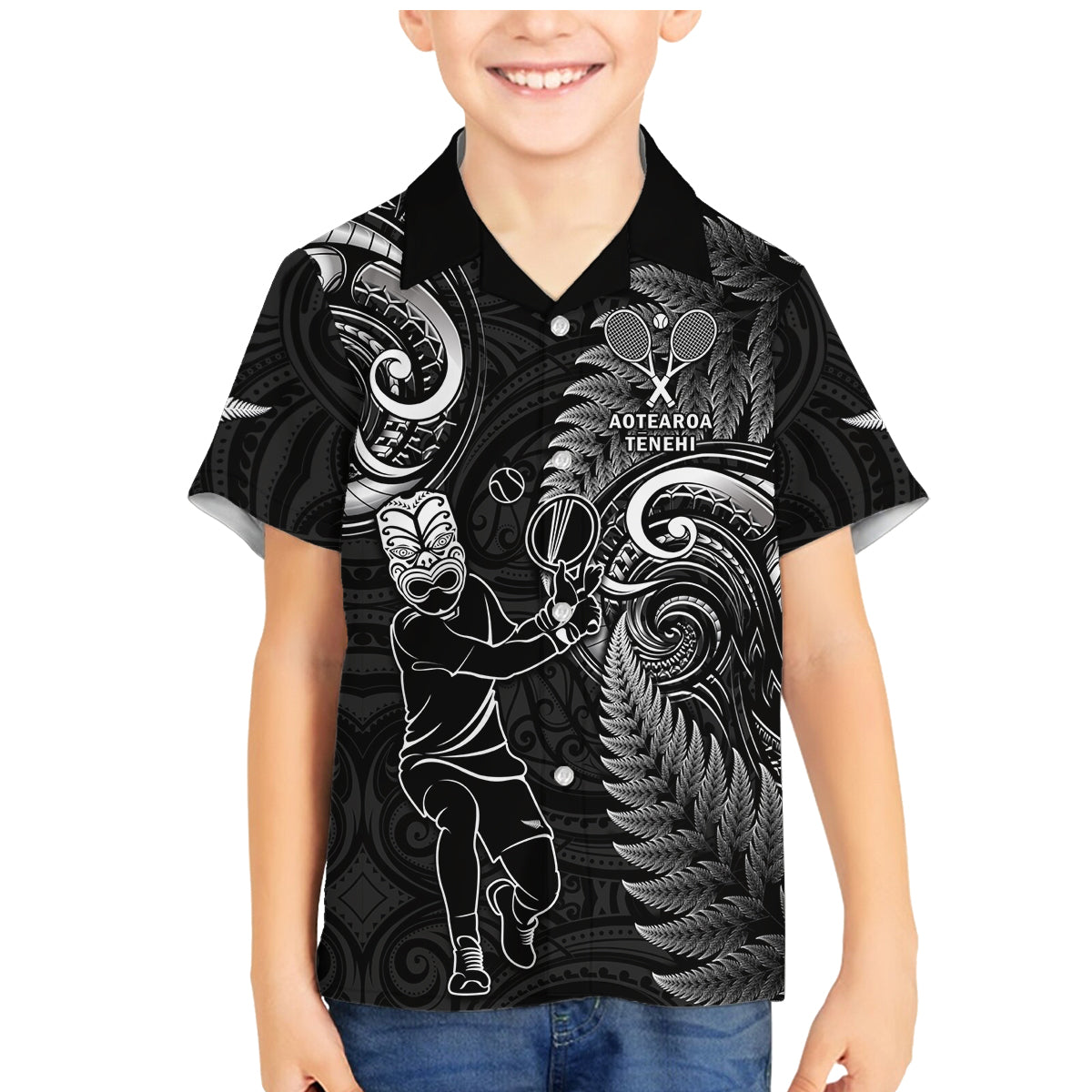 New Zealand Tiki Tennis Family Matching Mermaid Dress and Hawaiian Shirt 2024 Aotearoa Tenehi Maori Silver Fern - Black