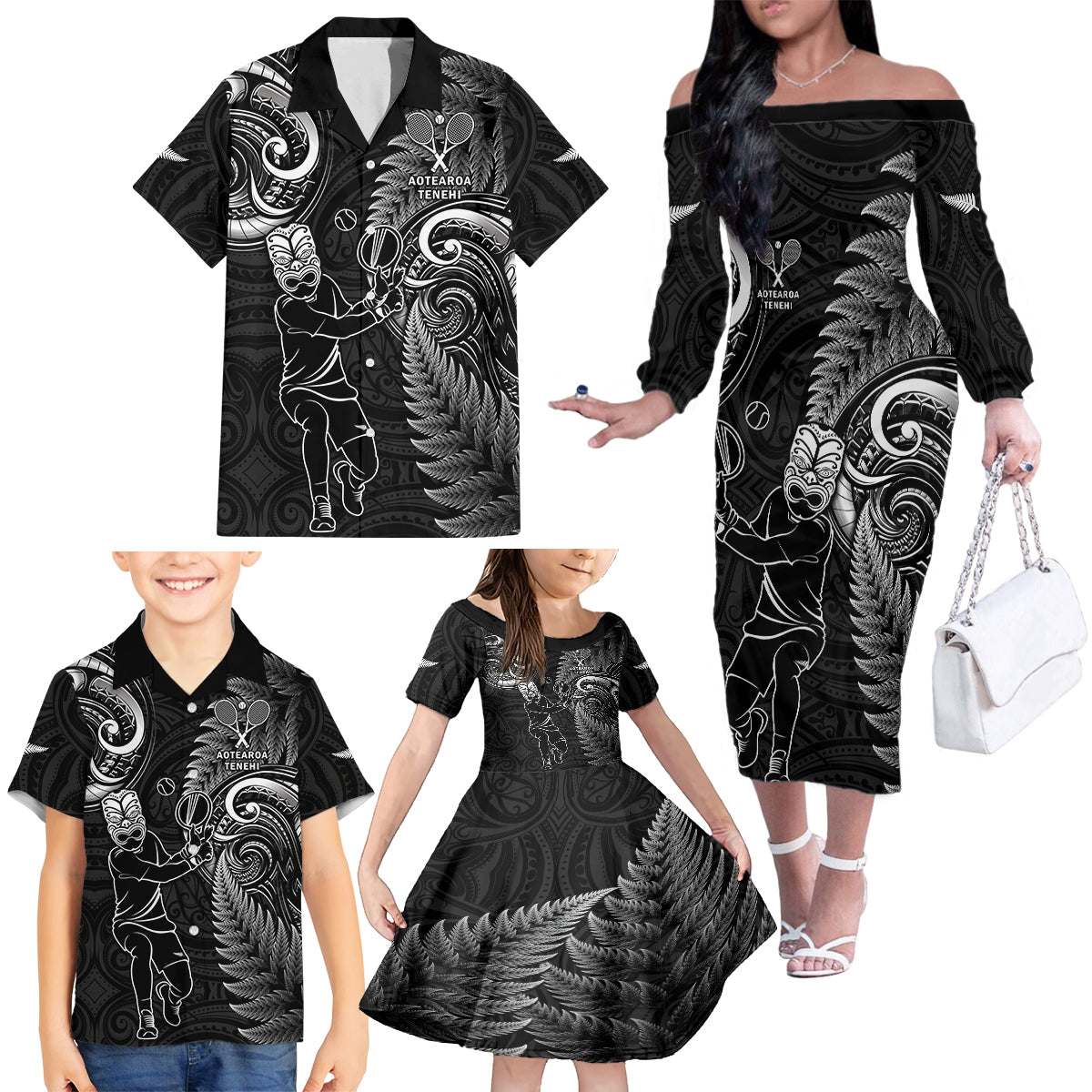 New Zealand Tiki Tennis Family Matching Off Shoulder Long Sleeve Dress and Hawaiian Shirt 2024 Aotearoa Tenehi Maori Silver Fern - Black