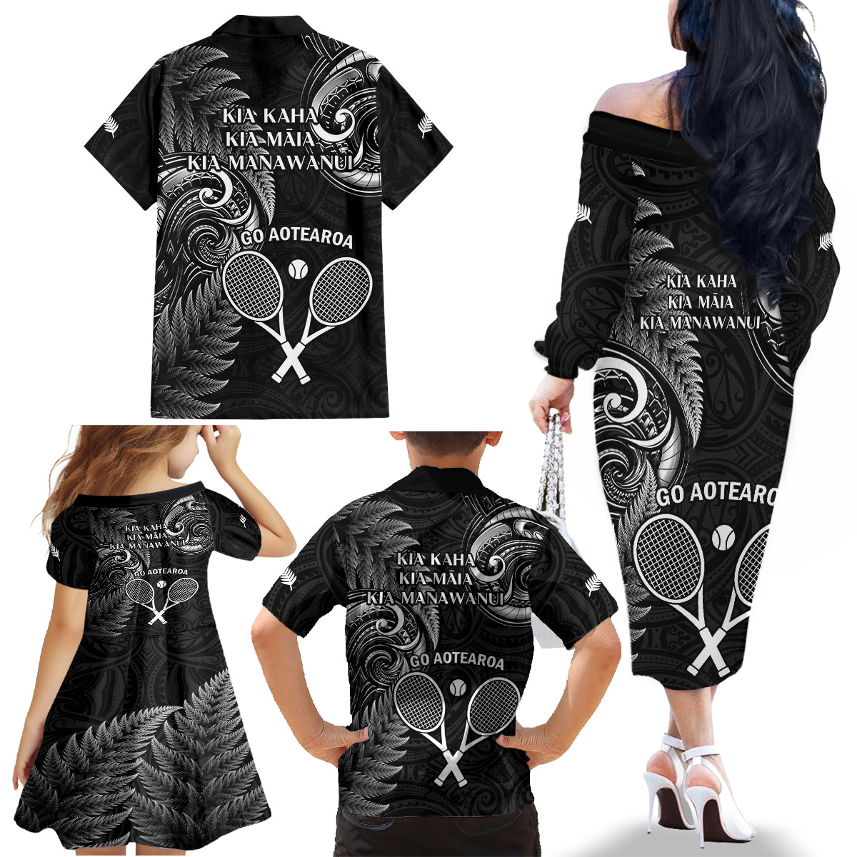 New Zealand Tiki Tennis Family Matching Off Shoulder Long Sleeve Dress and Hawaiian Shirt 2024 Aotearoa Tenehi Maori Silver Fern - Black