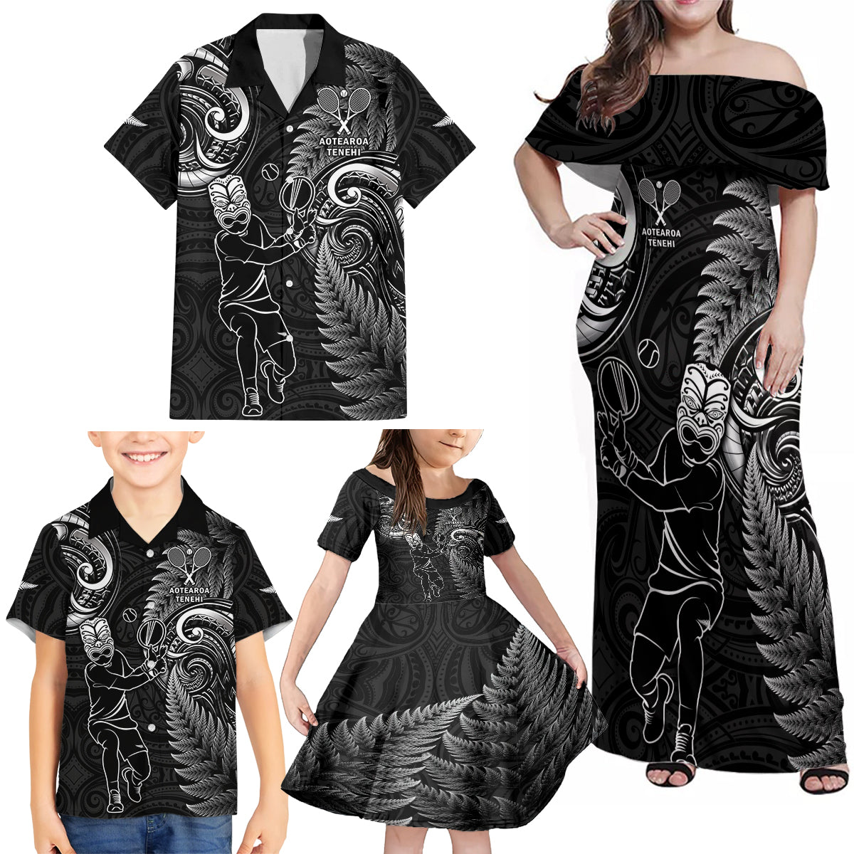 New Zealand Tiki Tennis Family Matching Off Shoulder Maxi Dress and Hawaiian Shirt 2024 Aotearoa Tenehi Maori Silver Fern - Black