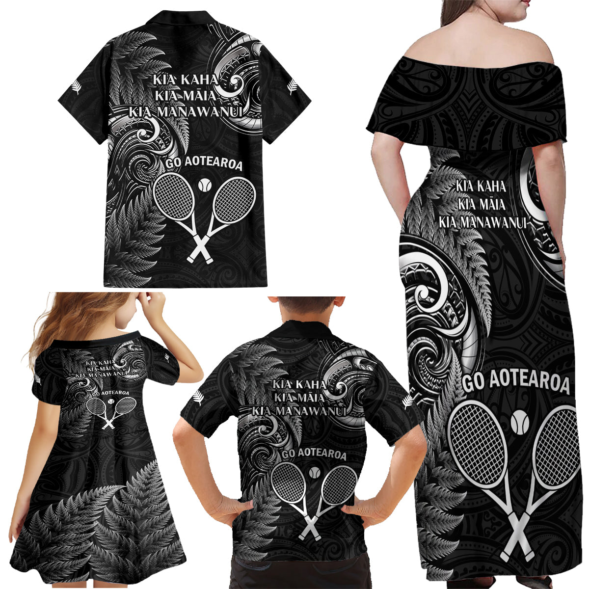 New Zealand Tiki Tennis Family Matching Off Shoulder Maxi Dress and Hawaiian Shirt 2024 Aotearoa Tenehi Maori Silver Fern - Black