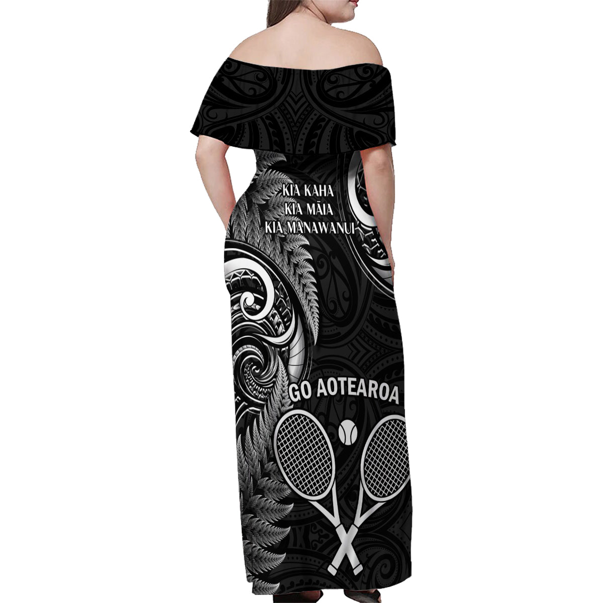 New Zealand Tiki Tennis Family Matching Off Shoulder Maxi Dress and Hawaiian Shirt 2024 Aotearoa Tenehi Maori Silver Fern - Black