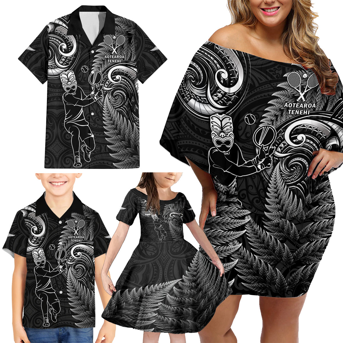 New Zealand Tiki Tennis Family Matching Off Shoulder Short Dress and Hawaiian Shirt 2024 Aotearoa Tenehi Maori Silver Fern - Black