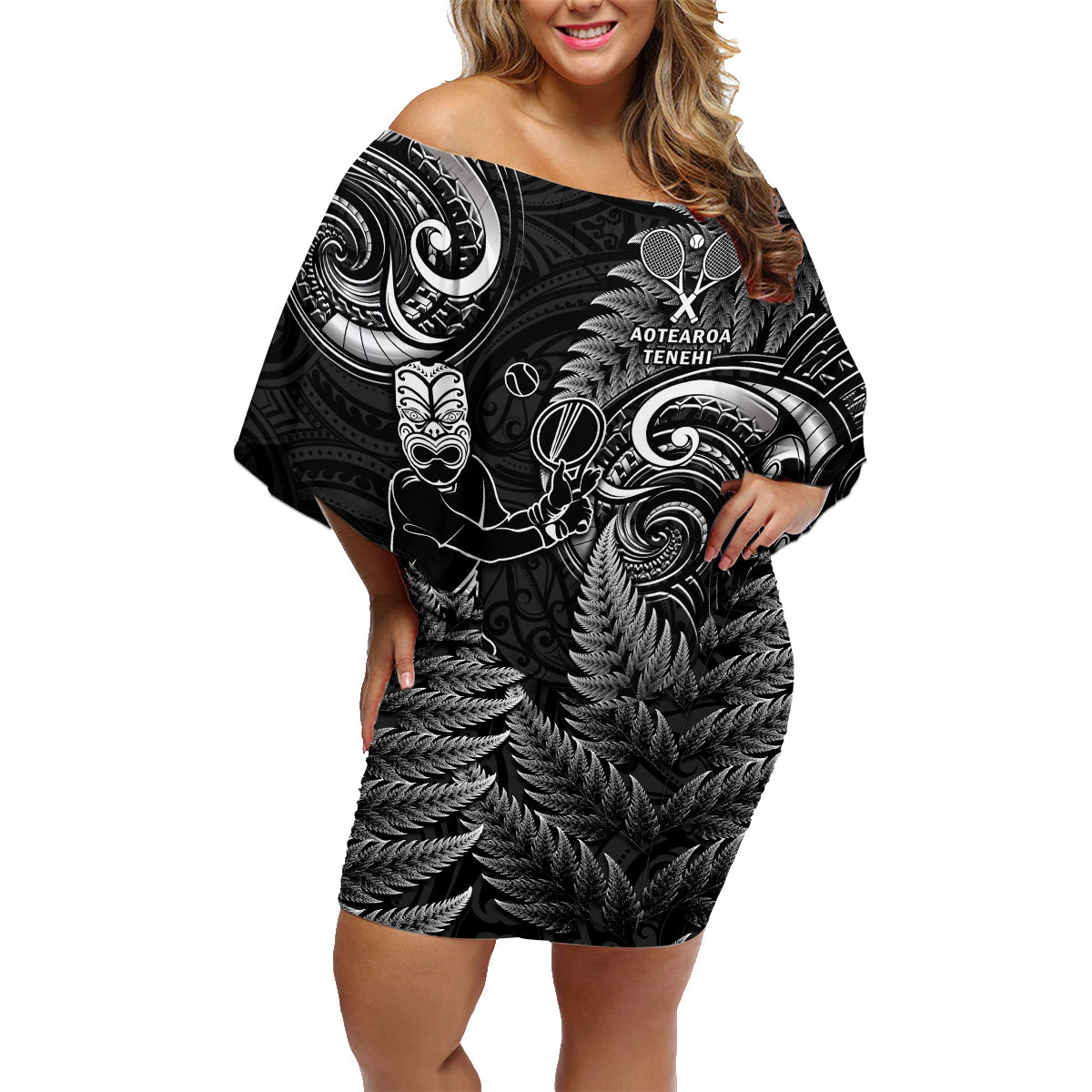 New Zealand Tiki Tennis Family Matching Off Shoulder Short Dress and Hawaiian Shirt 2024 Aotearoa Tenehi Maori Silver Fern - Black