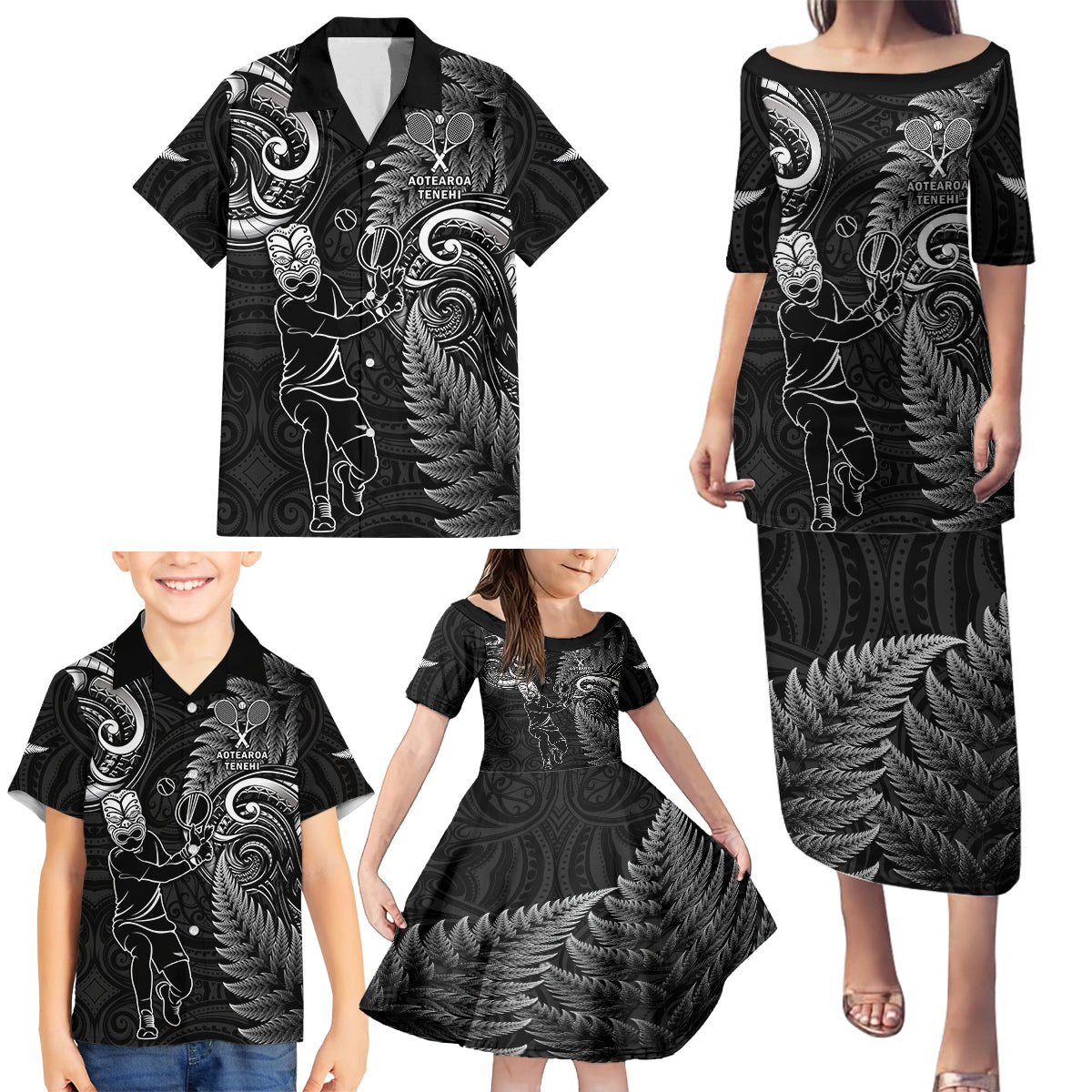 New Zealand Tiki Tennis Family Matching Puletasi and Hawaiian Shirt 2024 Aotearoa Tenehi Maori Silver Fern - Black