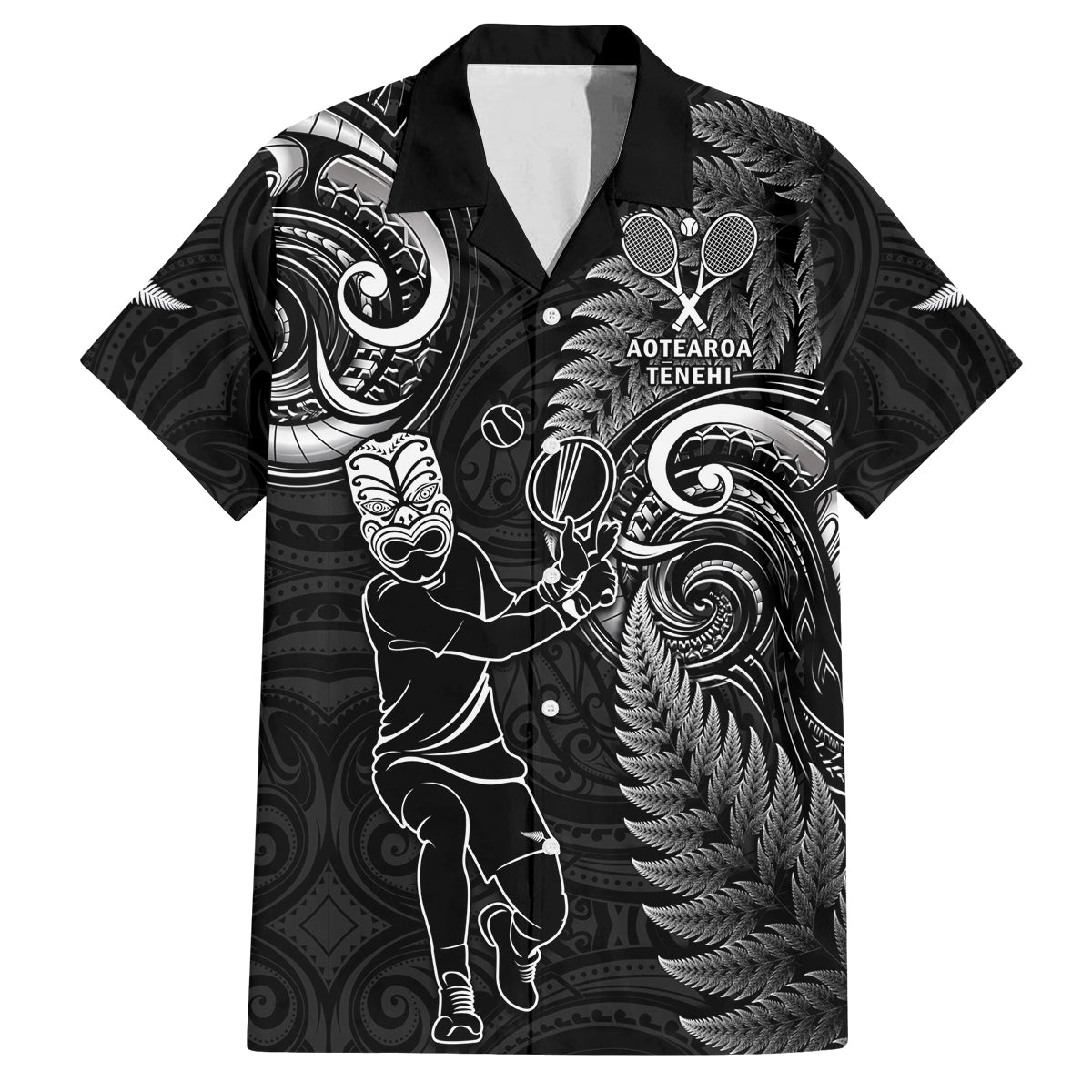 New Zealand Tiki Tennis Family Matching Puletasi and Hawaiian Shirt 2024 Aotearoa Tenehi Maori Silver Fern - Black