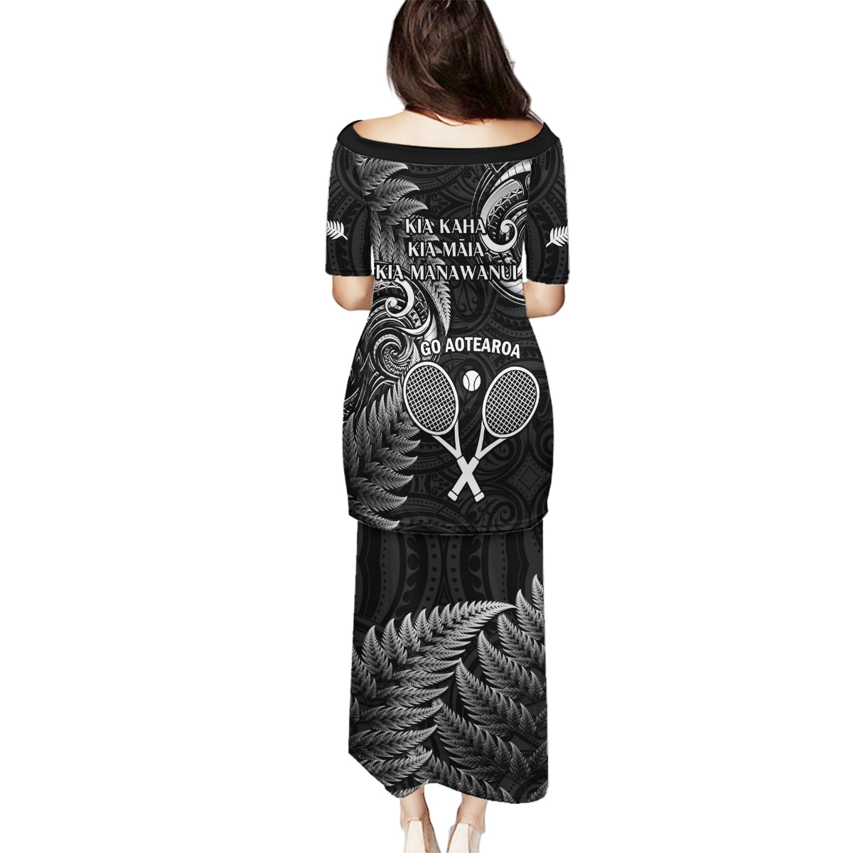 New Zealand Tiki Tennis Family Matching Puletasi and Hawaiian Shirt 2024 Aotearoa Tenehi Maori Silver Fern - Black