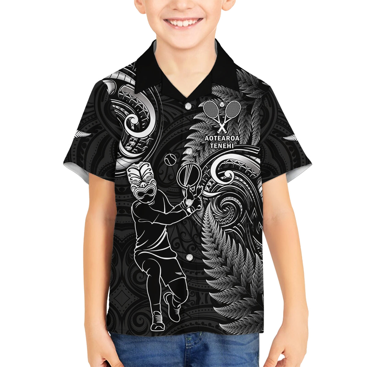 New Zealand Tiki Tennis Family Matching Puletasi and Hawaiian Shirt 2024 Aotearoa Tenehi Maori Silver Fern - Black