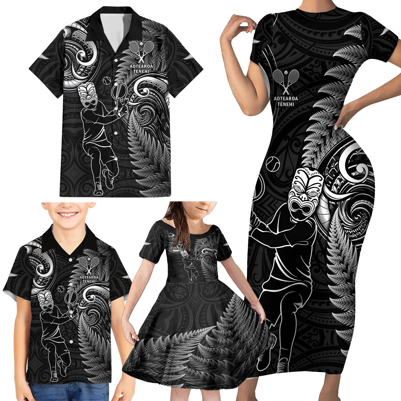 New Zealand Tiki Tennis Family Matching Short Sleeve Bodycon Dress and Hawaiian Shirt 2024 Aotearoa Tenehi Maori Silver Fern - Black