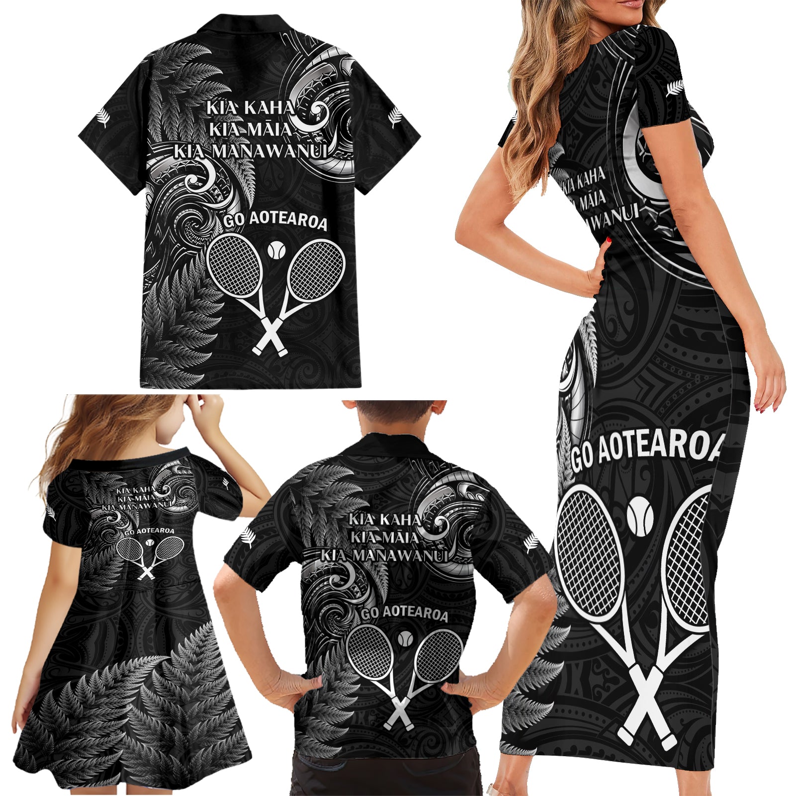 New Zealand Tiki Tennis Family Matching Short Sleeve Bodycon Dress and Hawaiian Shirt 2024 Aotearoa Tenehi Maori Silver Fern - Black