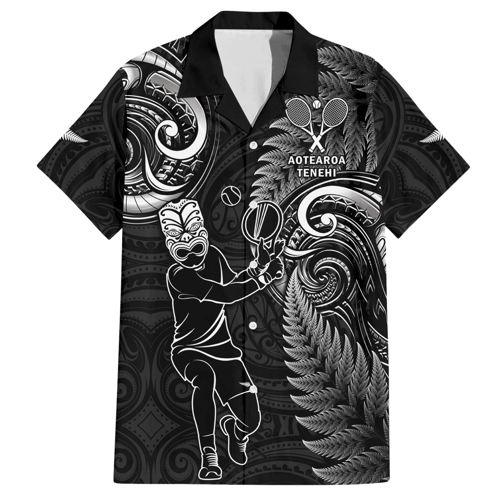 New Zealand Tiki Tennis Family Matching Short Sleeve Bodycon Dress and Hawaiian Shirt 2024 Aotearoa Tenehi Maori Silver Fern - Black