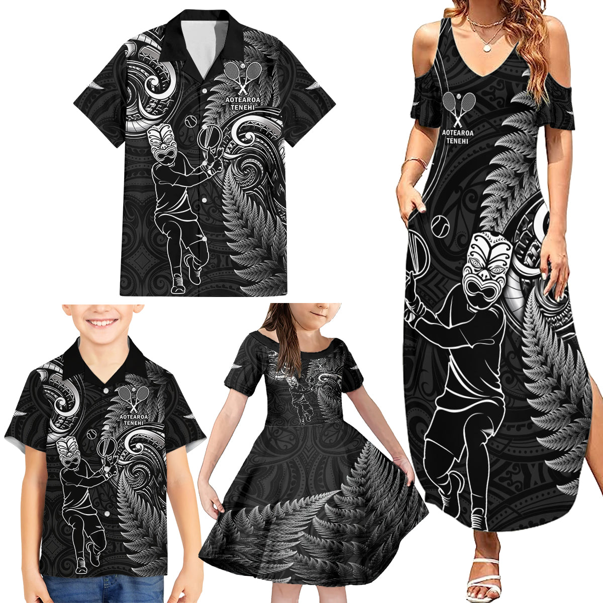 New Zealand Tiki Tennis Family Matching Summer Maxi Dress and Hawaiian Shirt 2024 Aotearoa Tenehi Maori Silver Fern - Black